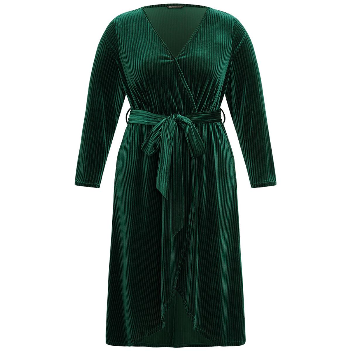 Plus Size Velvet Rib Knit Wrap Hem Pocket Belted Dress DarkGreen Women Elegant Wrap V-neck Long Sleeve Curvy Midi Dress BloomChic 12/L Product Image