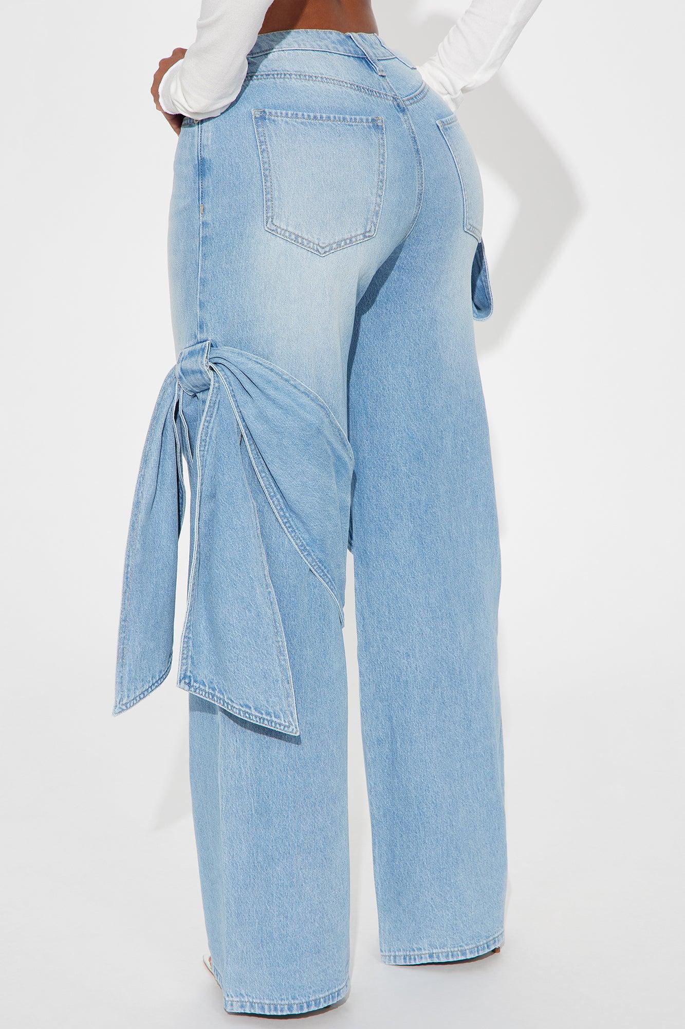 Tied Down Bow Wide Leg Jeans - Light Wash Product Image