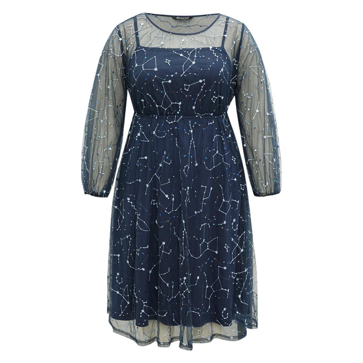 Plus Size Galaxy Sequin Mesh Embroidered Patchwork Dress Indigo Women Glamour Sequin Round Neck Long Sleeve Curvy Midi Dress BloomChic 26/4X Product Image