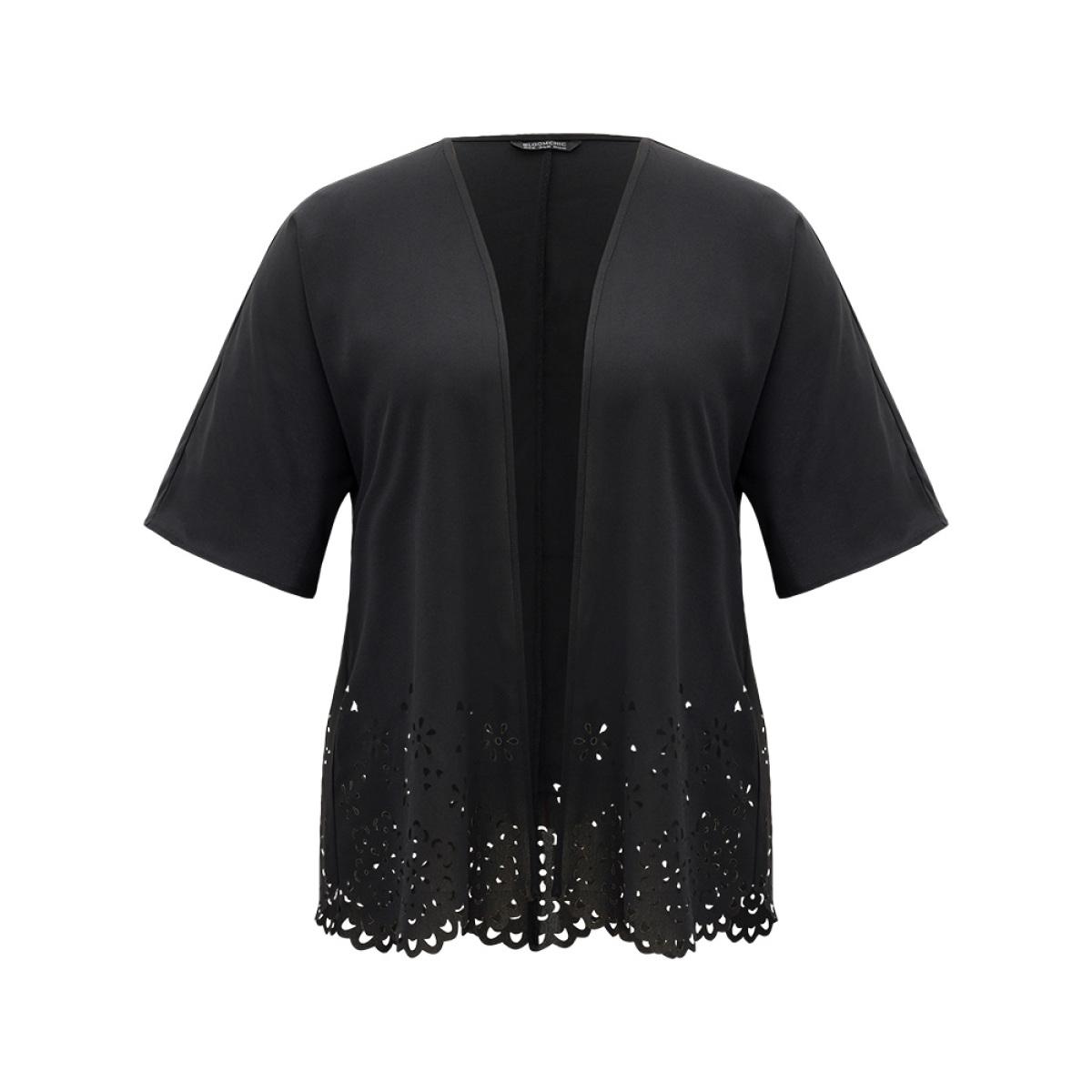 Plus Size Plain Laser Cut Open Front Scalloped Trim Kimono Women Black Casual Plain Dailywear Kimonos BloomChic 12/L Product Image