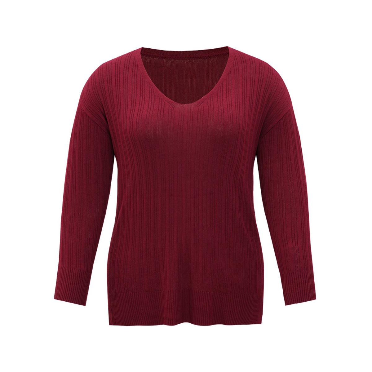 Plus Size Supersoft Essentials Plain Rib Knit Split Side Pullover Burgundy Women Casual Bodycon Long Sleeve Round Neck Dailywear Pullovers BloomChic 18-20/2X Product Image