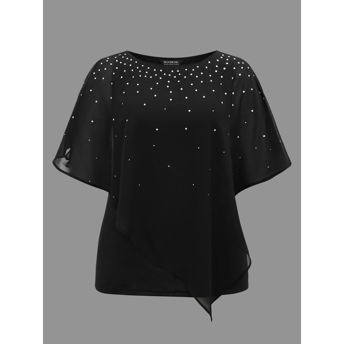 Plus Size Black Rhinestone Asymmetrical Hem Ruffle Sleeve Blouse Women Cocktail Half Sleeve Boat Neck Party Blouses BloomChic 10/M Product Image