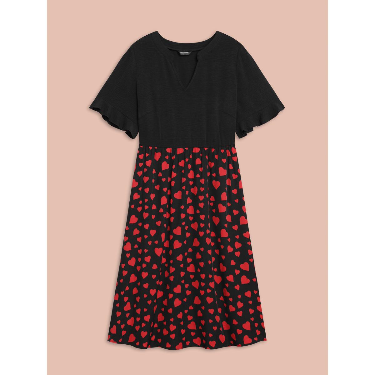 Plus Size Contrast Heart Pattern Notched Collar Dress Black Women Elegant Patchwork Notched collar Short sleeve Curvy BloomChic 12/L Product Image