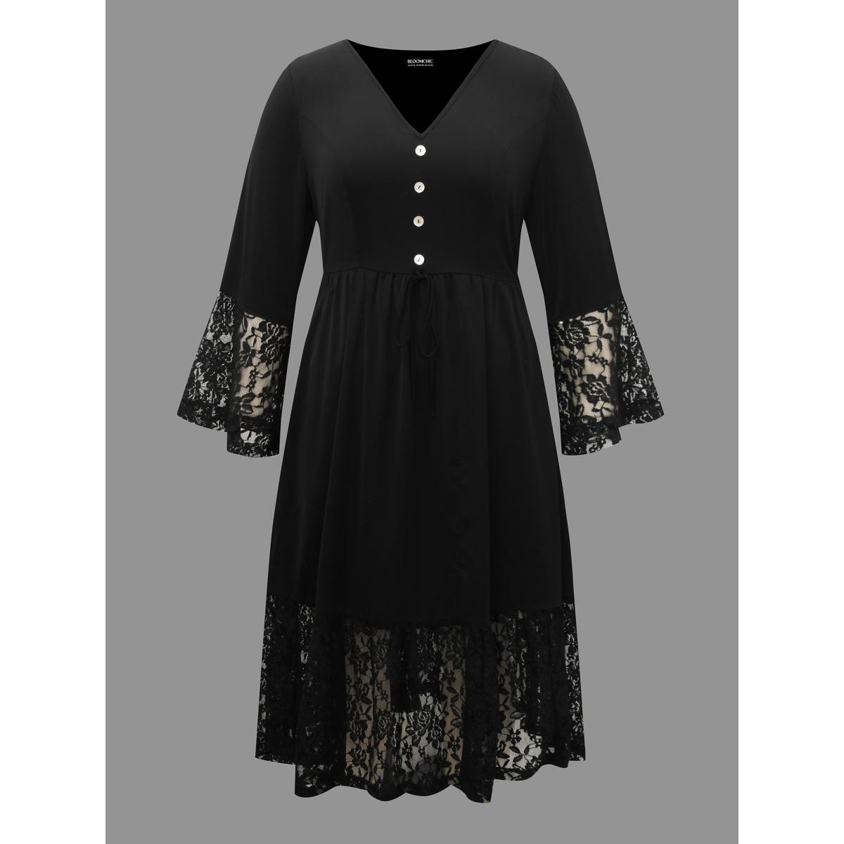 Plus Size Lace Patchwork Button Detail Tie Knot Dress Black Women Cocktail Woven ribbon&lace trim Party Curvy Bloomchic 18-20/2X Product Image
