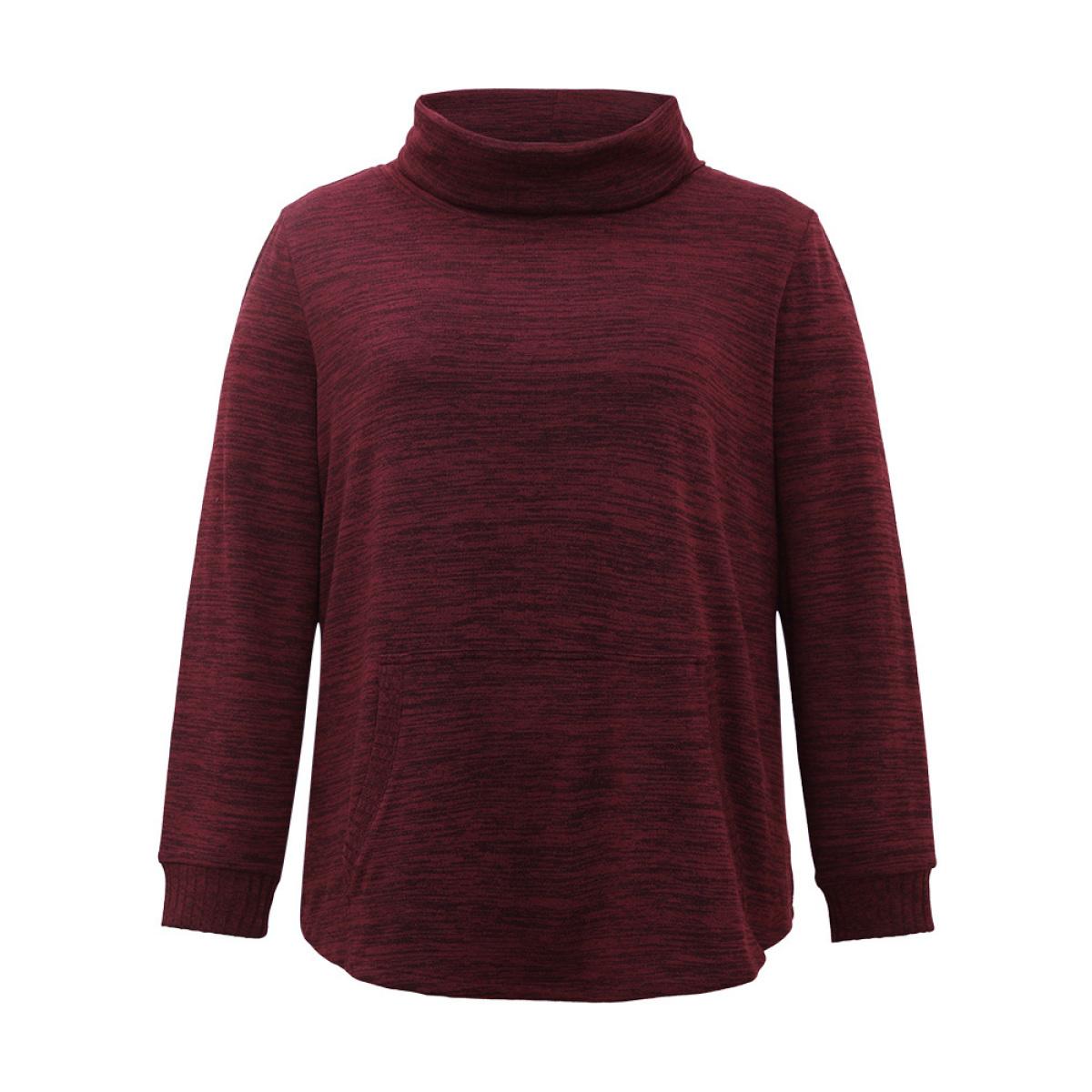 Plus Size Plain Turtleneck Pocket Heather Sweatshirt Women Burgundy Elegant Plain Turtleneck Dailywear Sweatshirts BloomChic 18-20/2X Product Image
