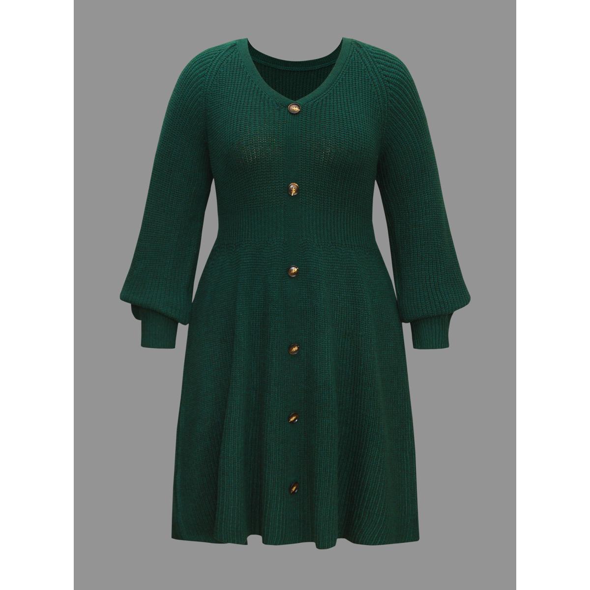 Plus Size Raglan Sleeve Textured Button Detailing Dress DarkGreen Women Elegant Bodycon Long Sleeve Everyday Sweater Dresses BloomChic 28/5X Product Image