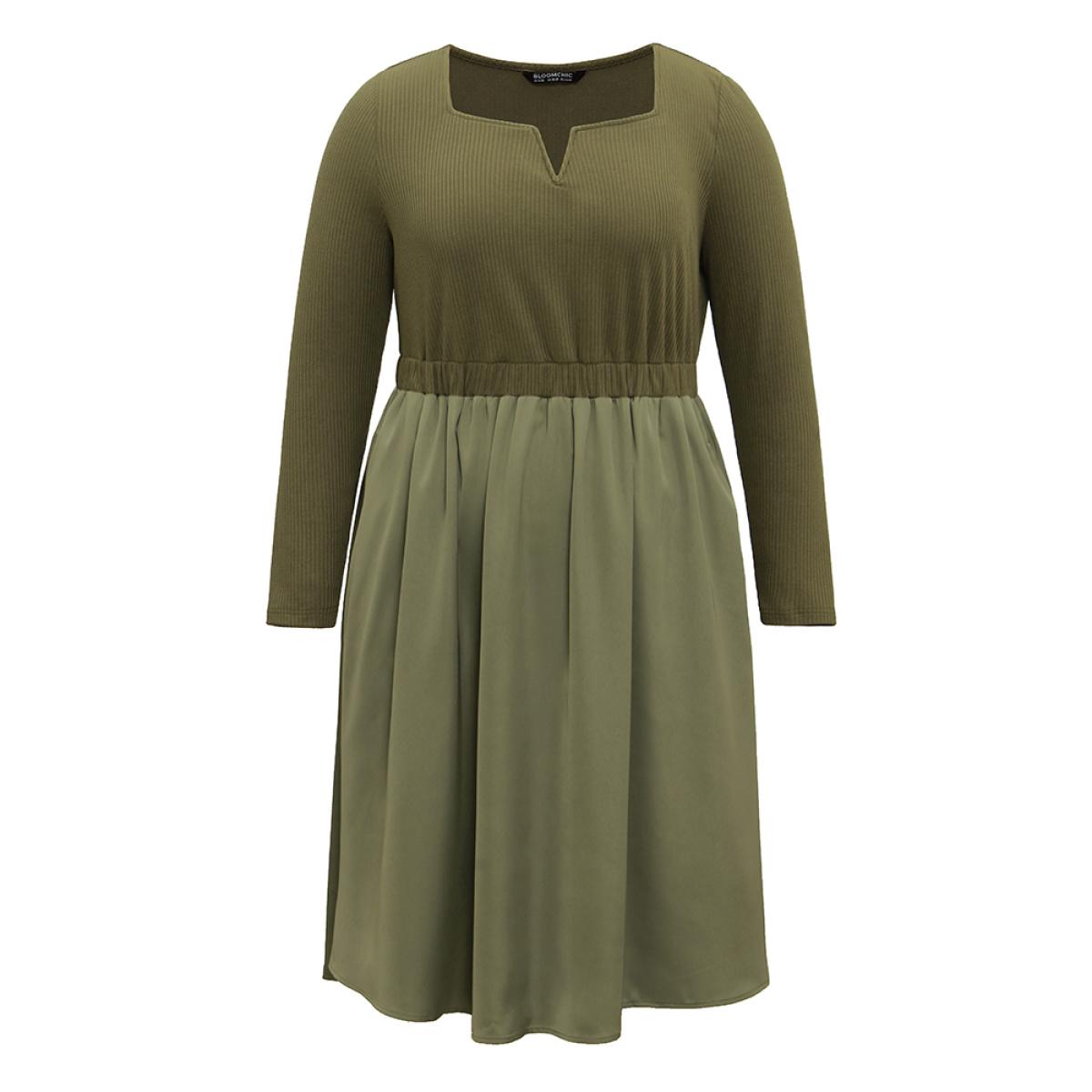 Plus Size Twill Patchwork Elastic Waist Gathered Dress Olive Women Casual Texture Notched collar Long Sleeve Curvy Midi Dress BloomChic 14-16/1X Product Image