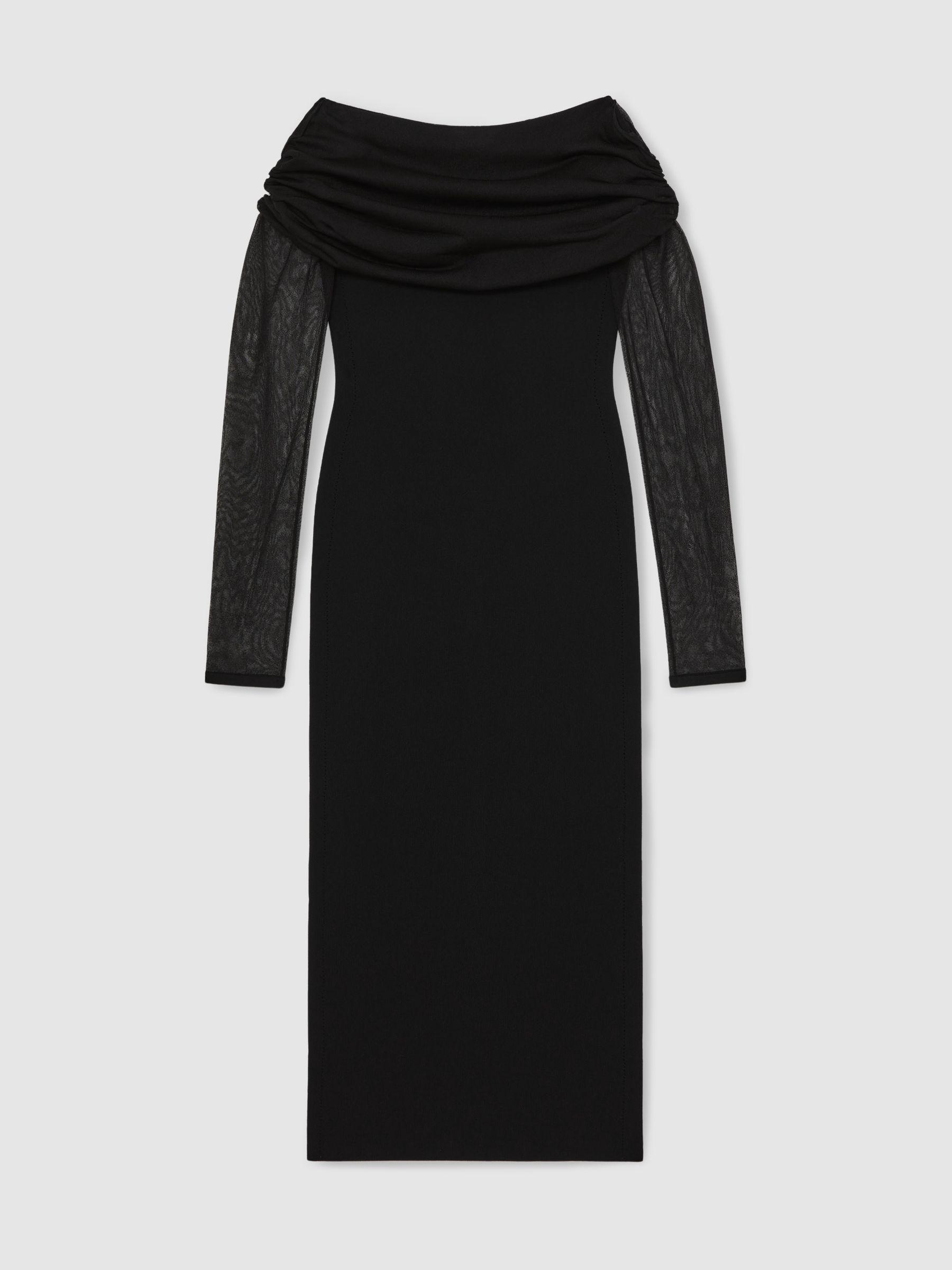 Sheer-Sleeve Knit Midi Dress in Black Product Image