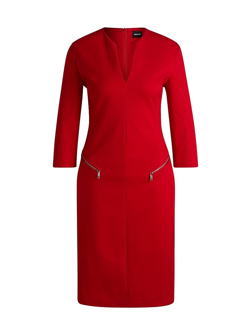 Womens V-Neck Dress with Zipped Pockets and Cropped Sleeves Product Image