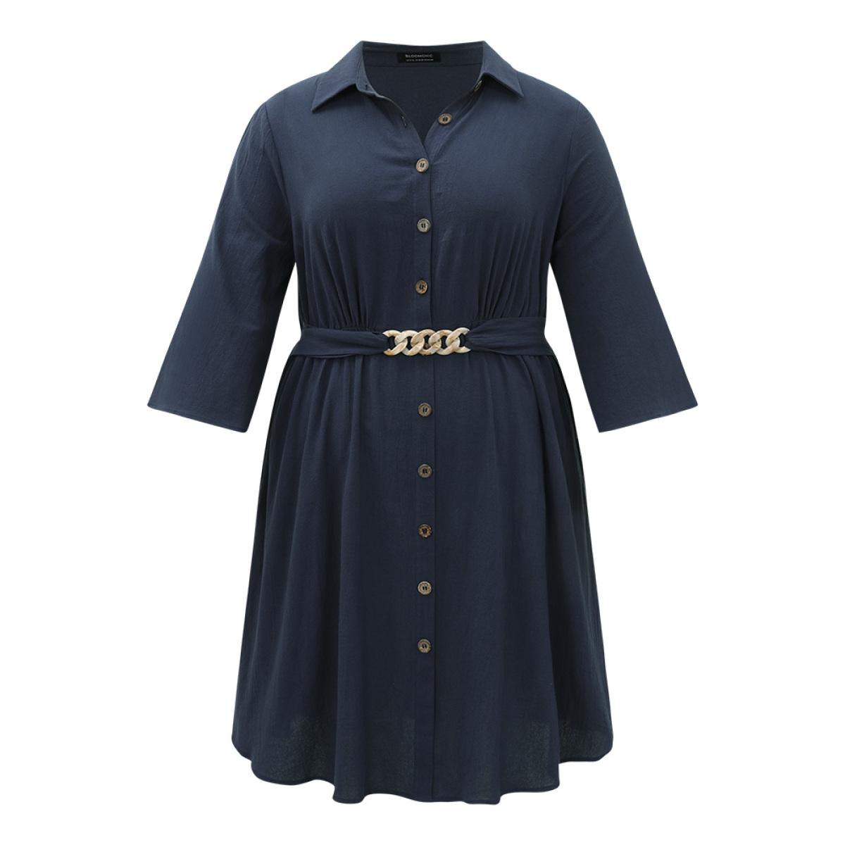 Plus Size Solid Pocket Metal Buckle Detail Shirt Collar Dress Navy Women Office Plain Shirt collar Elbow-length sleeve Curvy Knee Dress BloomChic 26/4X Product Image