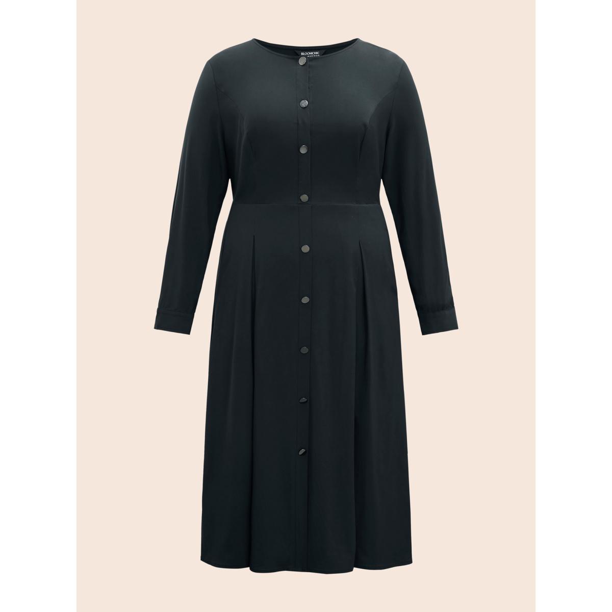 Plus Size Stretch Woven Button Pleated Midi Dress Black Women At the Office Pleated Round Neck Long Sleeve Curvy BloomChic 26/4X Product Image