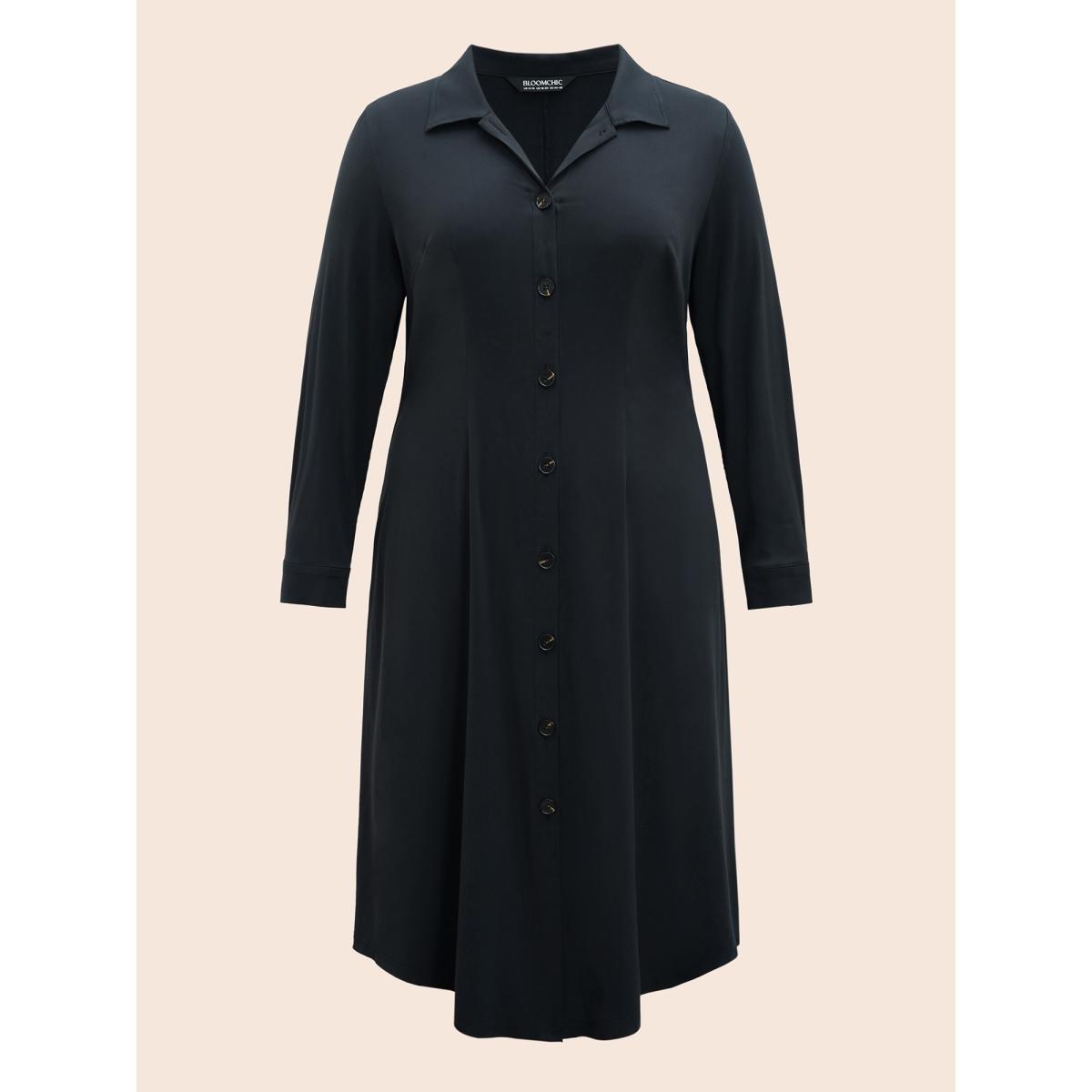 Plus Size Stretch Woven Structured Midi Dress Midnight Women At the Office Button Shirt collar Long Sleeve Curvy BloomChic 22-24/3X Product Image
