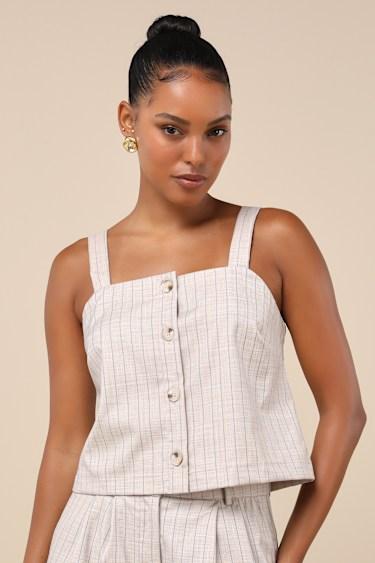 Breezy Catch Beige and Blue Pinstriped Button-Up Cami Top Product Image