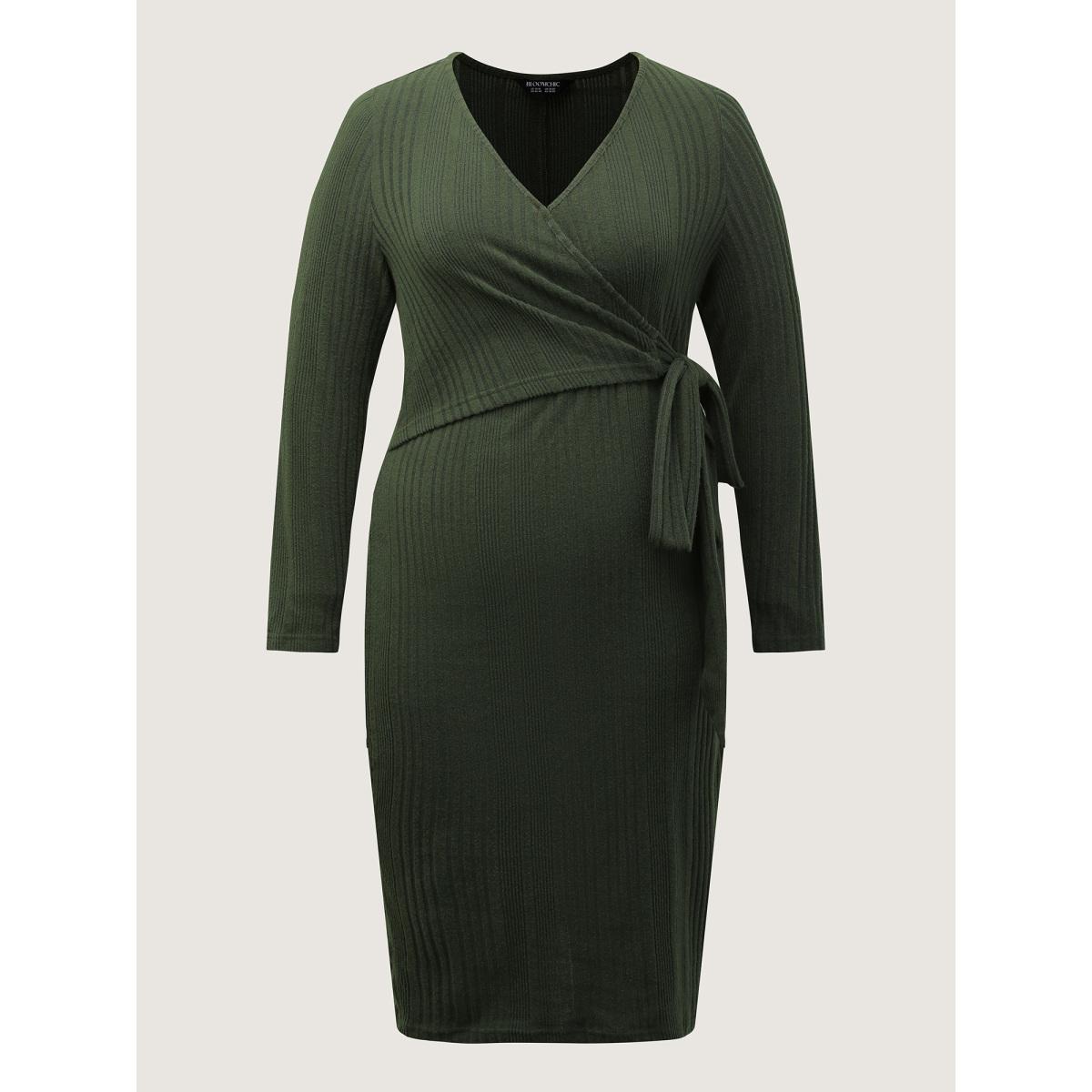 Plus Size Pit Strip Tie-Knot Slit Sheath Midi Dress ArmyGreen Women Timeless Overlapping Overlap Collar Extra Long Sleeve Curvy BloomChic 26/4X Product Image