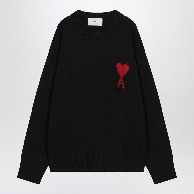 AMI ALEXANDRE MATTIUSSI Ami Classic Black Sweater With Round Neckline And Emblem Detail Product Image