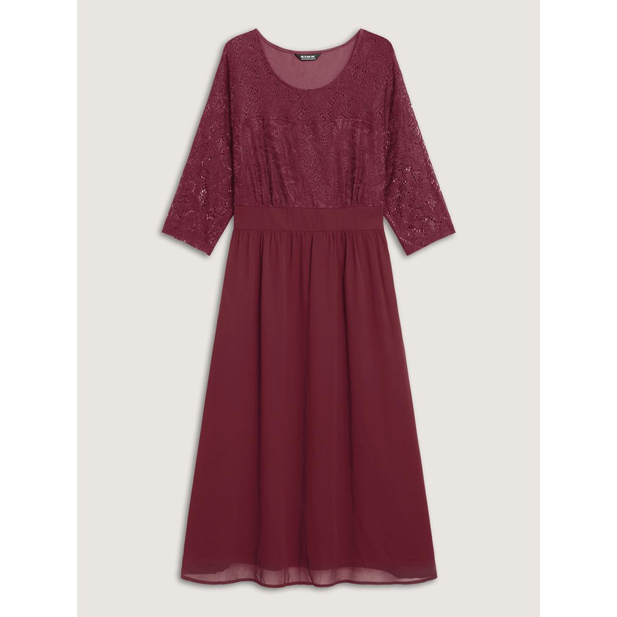Plus Size Lace Patchwork Shirred Midi Pocket Dress Burgundy Women Formal Woven ribbon&lace trim Round Neck Elbow-length sleeve Curvy BloomChic 12/L Product Image