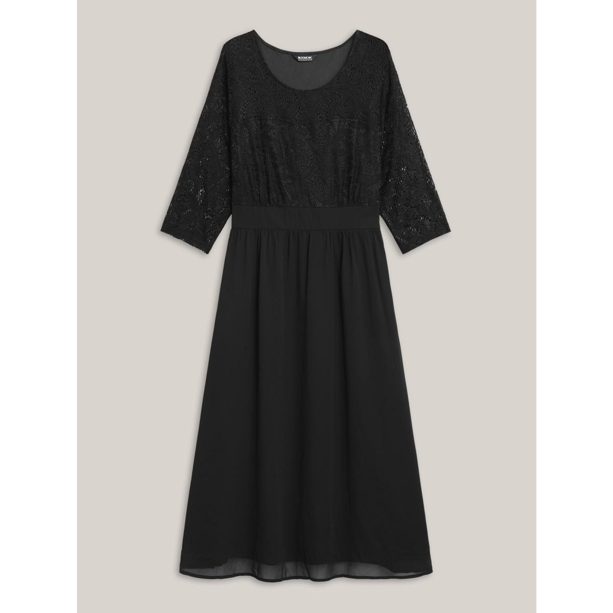 Plus Size Lace Patchwork Shirred Midi Pocket Dress Black Women Formal Woven ribbon&lace trim Round Neck Elbow-length sleeve Curvy BloomChic 22-24/3X Product Image