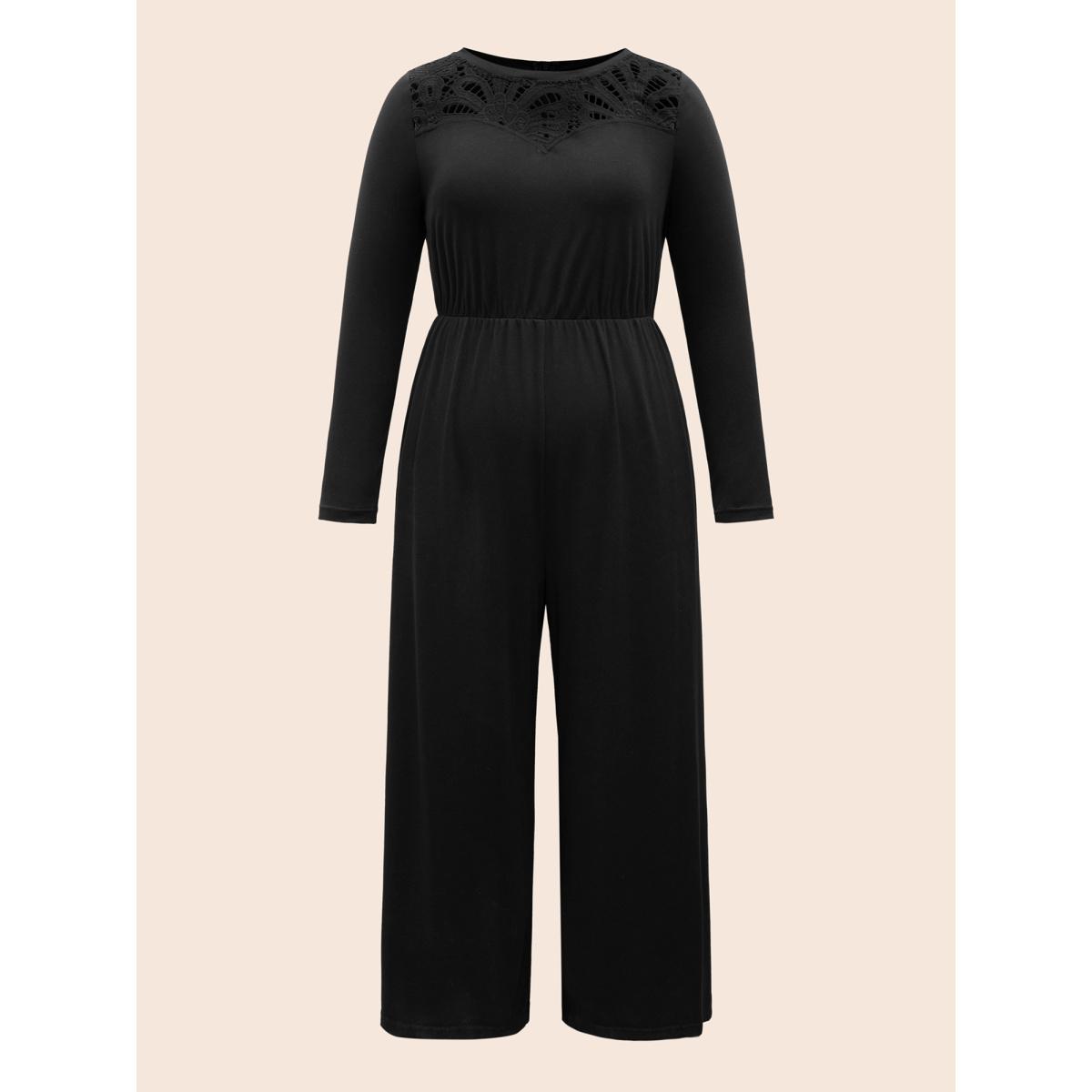 Plus Size Black Crew Neck Crochet Lace Cut Out Jumpsuit Women Resort Long Sleeve Round Neck Vacation Loose Jumpsuits BloomChic 22-24/3X Product Image