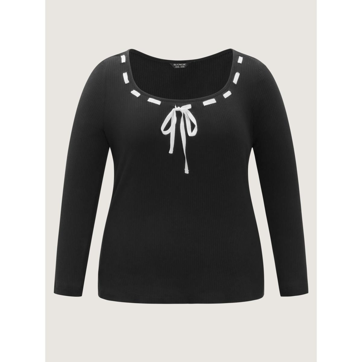 Plus Size Supersoft Bow Tie Detail Ribbed Knit Top Black Women Leisure Tie knot U-neck Bodycon Casual T-shirts BloomChic 30/6X Product Image