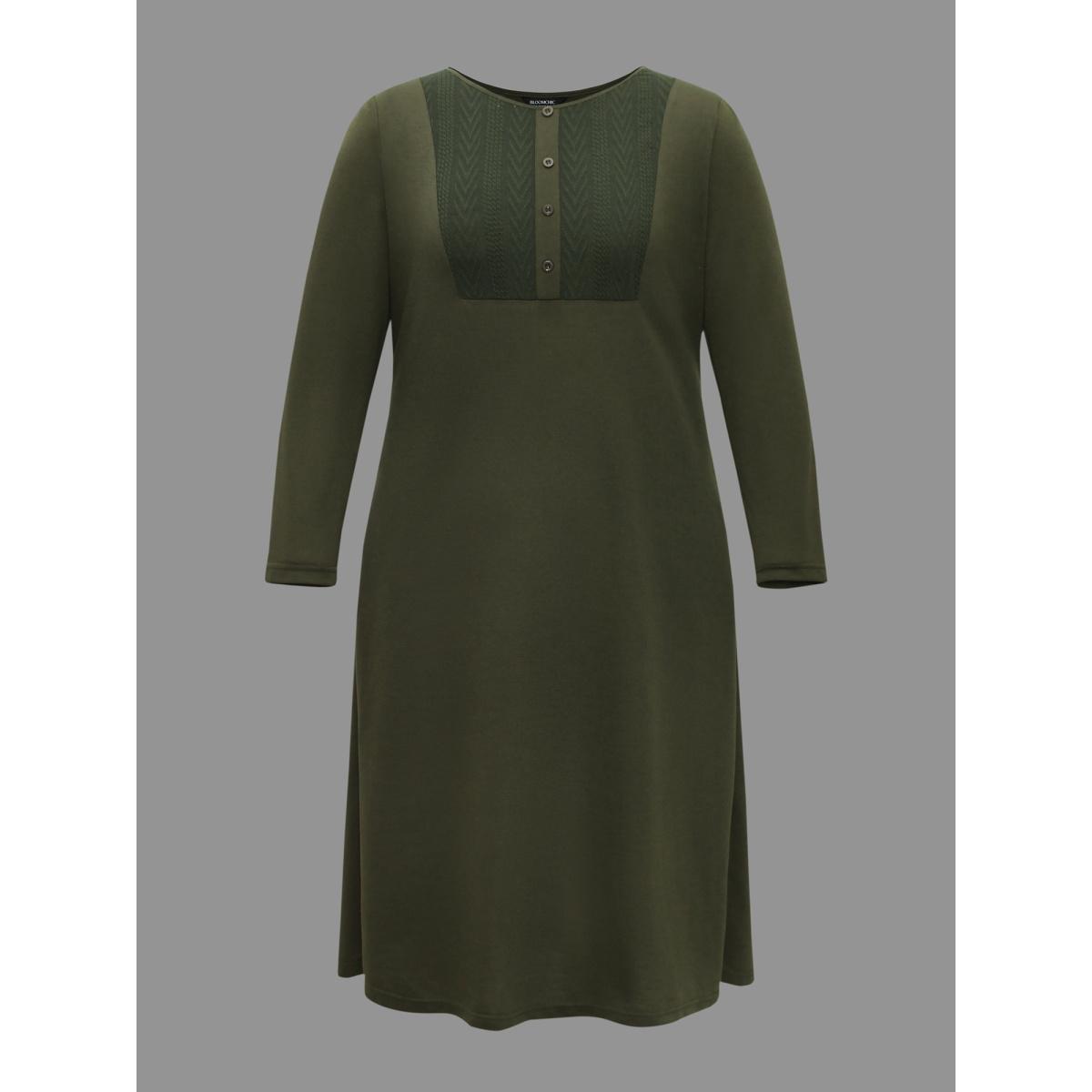 Plus Size Textured Patchwork Button Detail Midi Dress Sage Women Casual Texture Round Neck Long Sleeve Curvy BloomChic 12/L Product Image