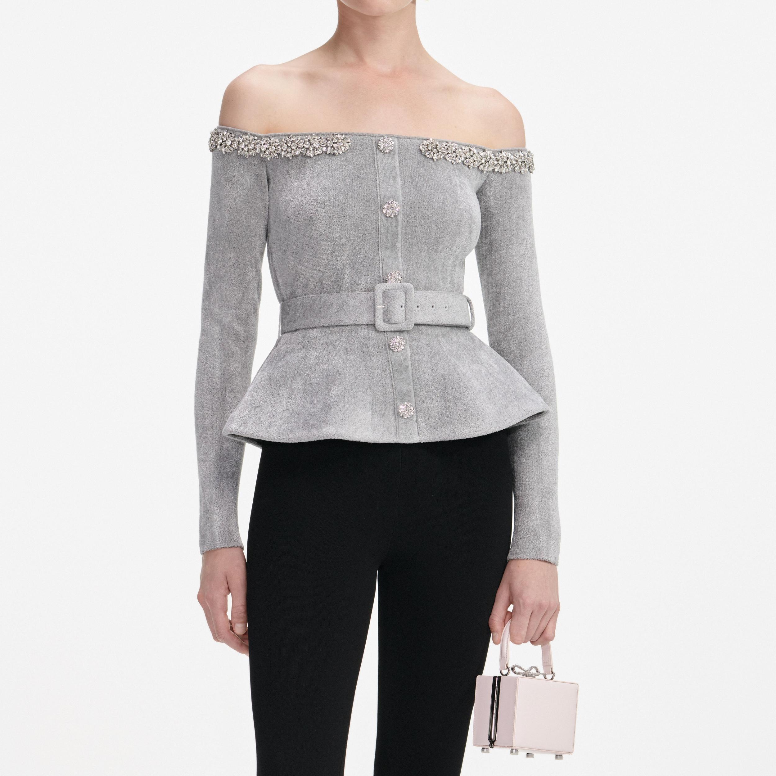 Grey Chenille Knit Crystal Trim Top Product Image