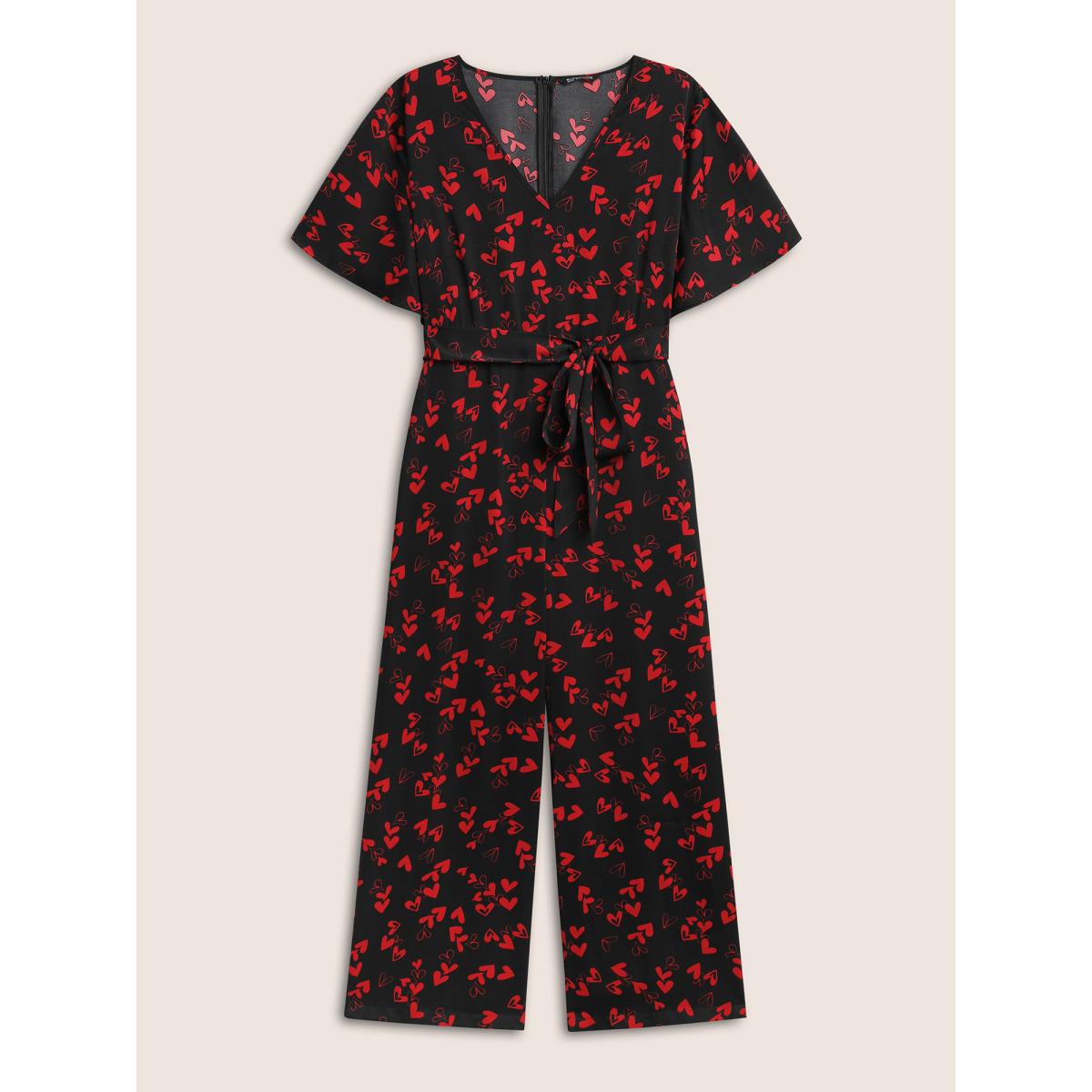 Plus Size Black Heart Print Pocket Belted Jumpsuit Women Elegant Short sleeve V-neck Everyday Loose Jumpsuits BloomChic 22-24/3X Product Image