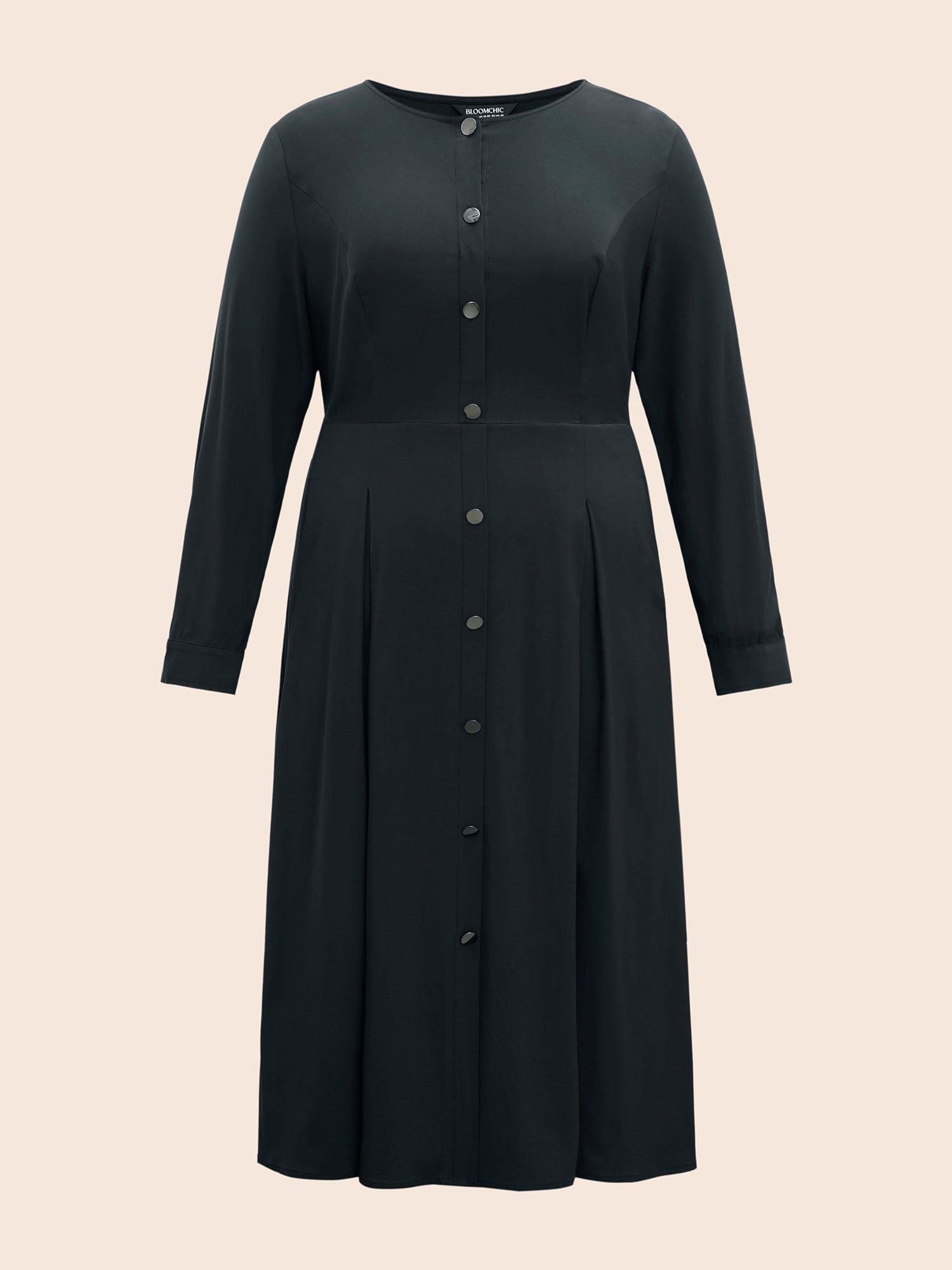 Stretch Woven Button Pleated Midi Dress Female Product Image