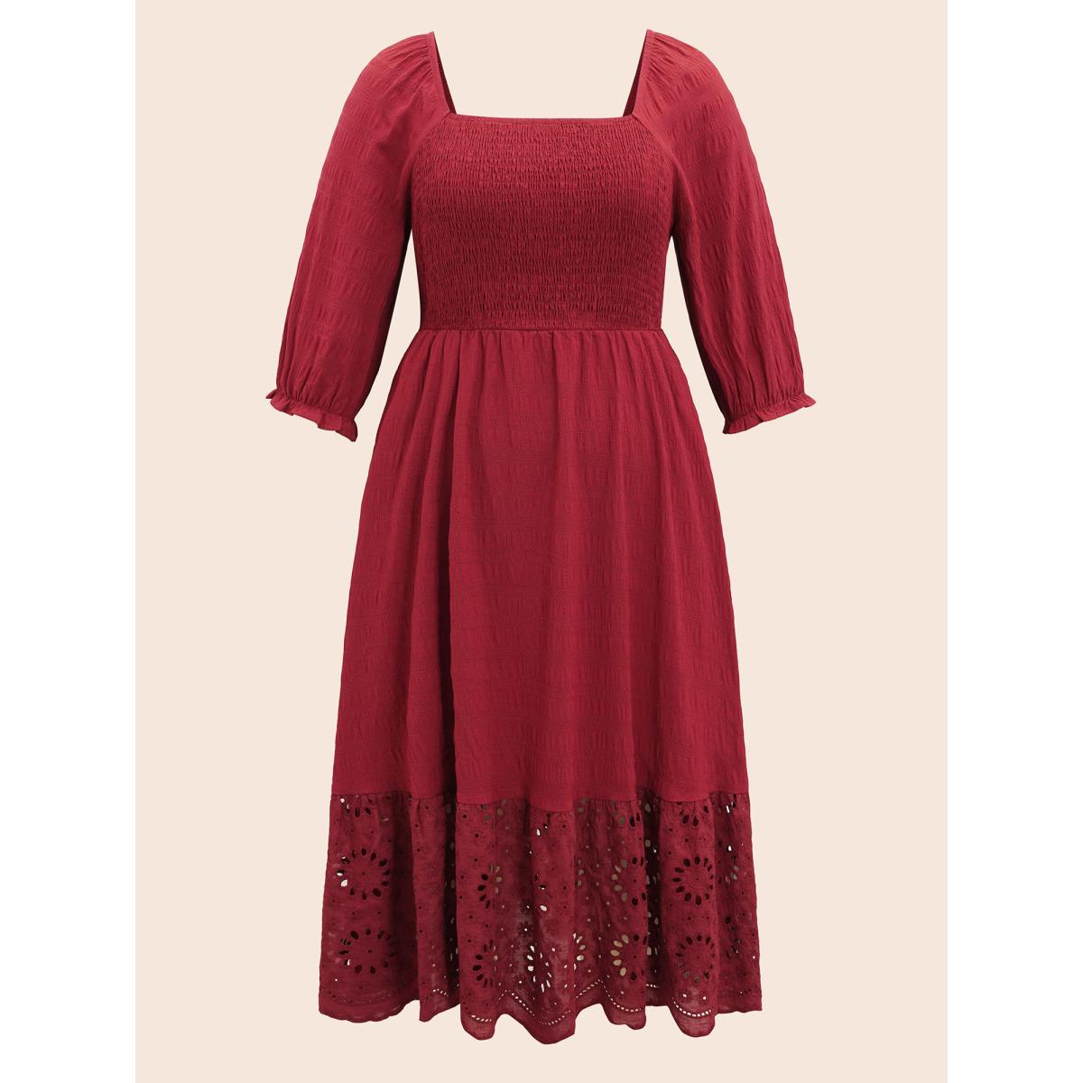 Plus Size Square Neck Broderie Anglaise Patchwork Shirred Dress Denimburgundy Women Elegant Woven ribbon&lace trim Square Neck Elbow-length sleeve Curvy BloomChic 22-24/3X Product Image