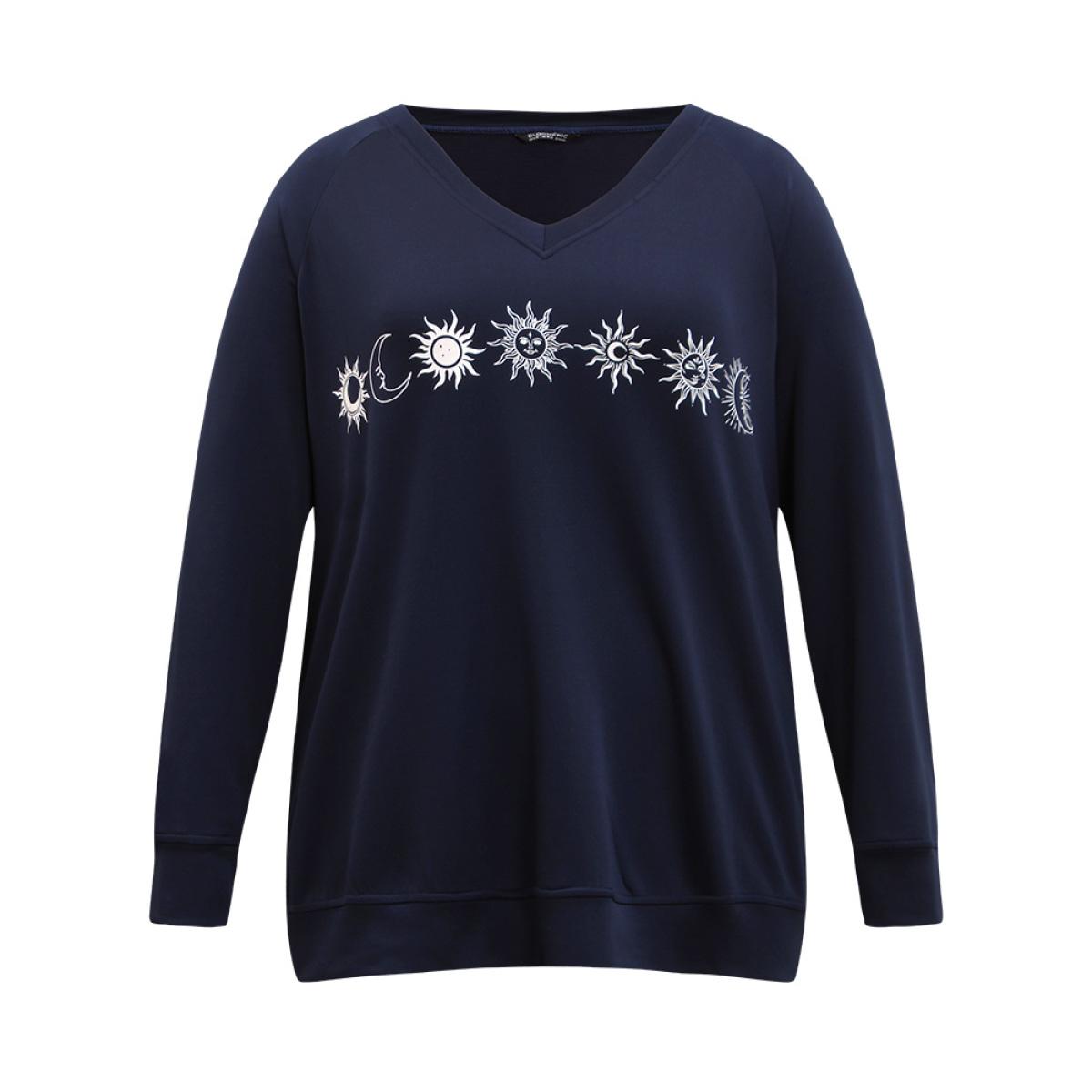 Plus Size Moon & Star Print V Neck Sweatshirt Women Indigo Casual Printed Everyday Sweatshirts BloomChic 28/5X Product Image