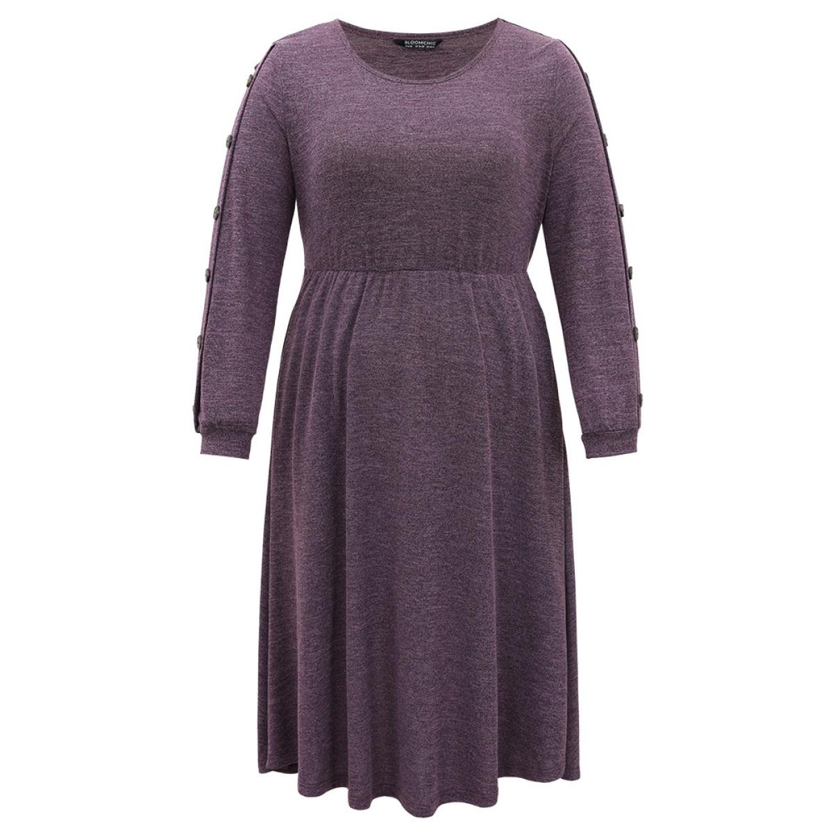 Plus Size Plisse Solid Side Button Detail Dress Purple Women Casual Plain Round Neck Long Sleeve Curvy Midi Dress BloomChic 28/5X Product Image