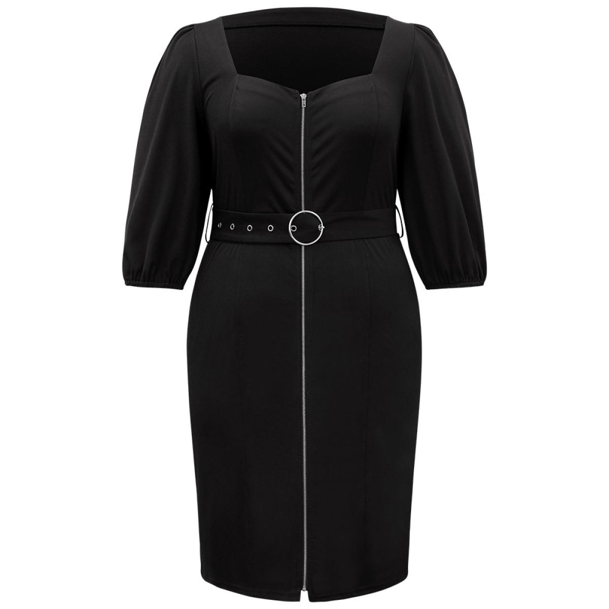 Plus Size Plain Square Neck Belted Metal Detail Zipper Dress Black Women Office Plain Square Neck Elbow-length sleeve Curvy Knee Dress BloomChic 28/5X Product Image