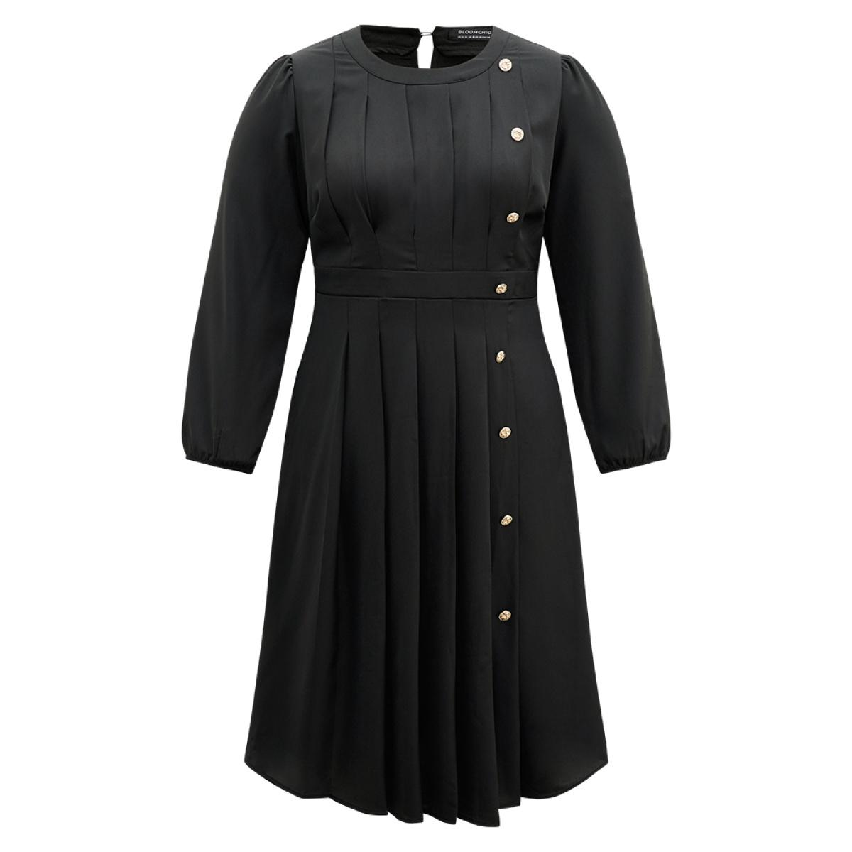 Plus Size Static-Free Metal Detail Plicated Detail Dress Black Women Office Elastic cuffs Round Neck Long Sleeve Curvy Midi Dress BloomChic 10/M Product Image
