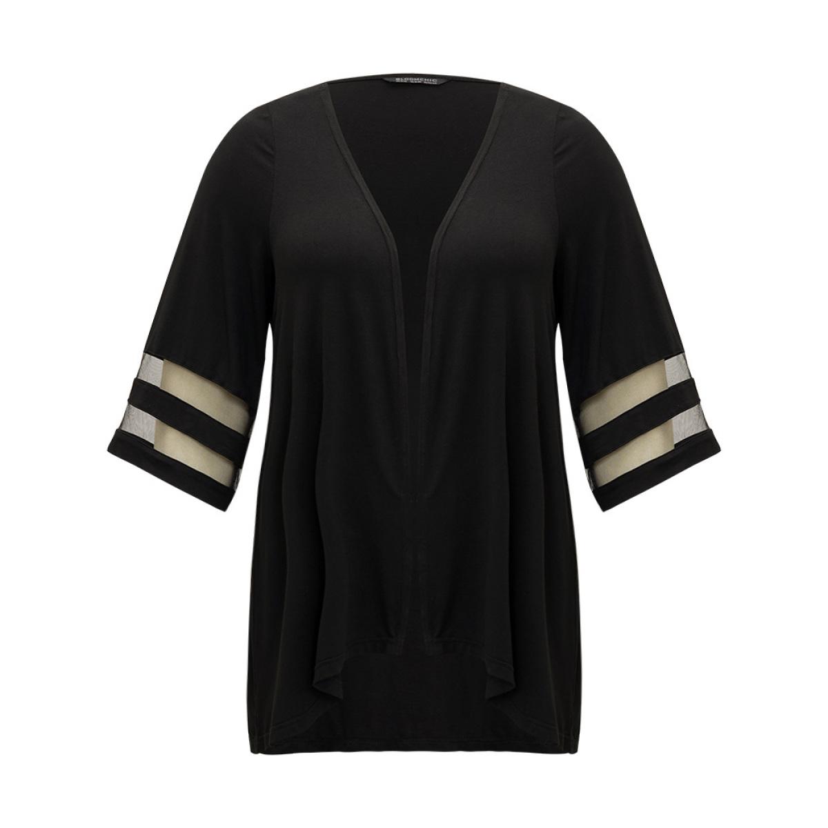 Plus Size Halloween Supersoft Essentials Plain Patchwork Open Front Mesh Kimono Women Black Casual Plain Dailywear Kimonos BloomChic 18-20/2X Product Image