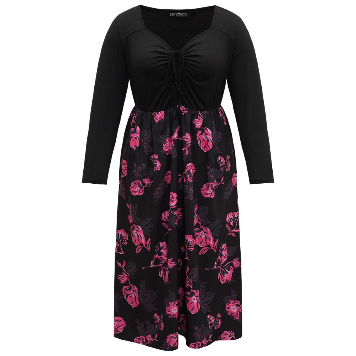 Plus Size Floral Patchwork Gathered Drawstring Dress Black Women Casual Gathered Tie Neck Long Sleeve Curvy Midi Dress BloomChic 10/M Product Image