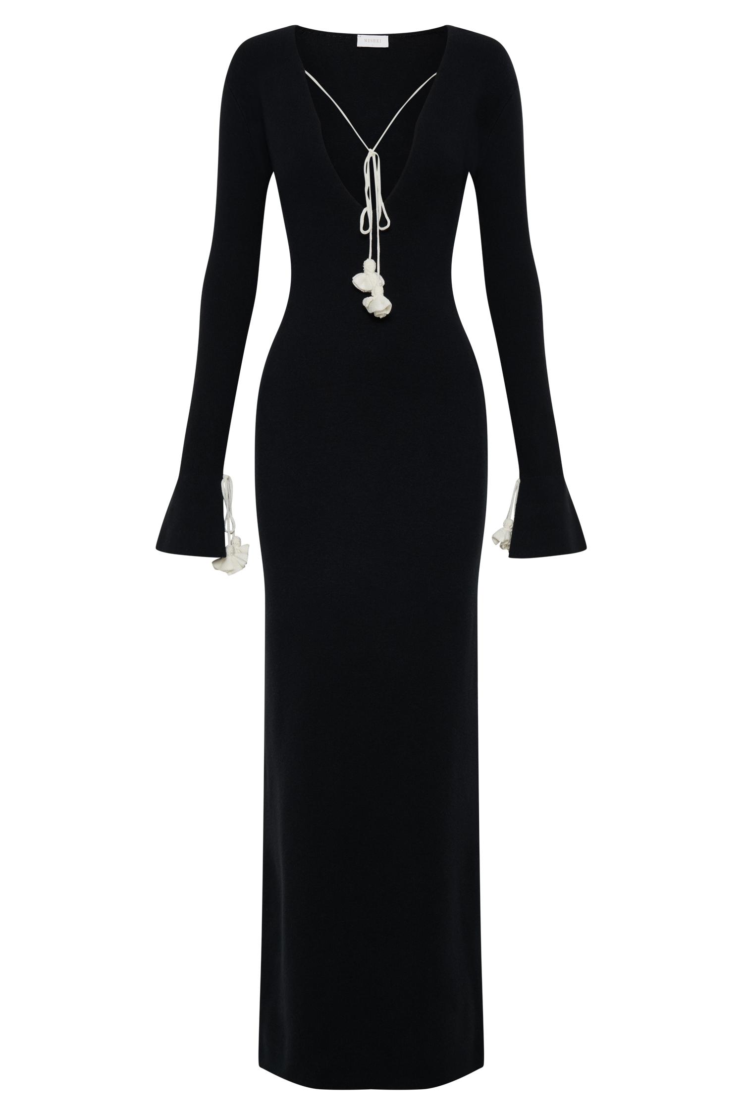 Erica Knit Maxi Dress With Floral Ties - Black And White Product Image