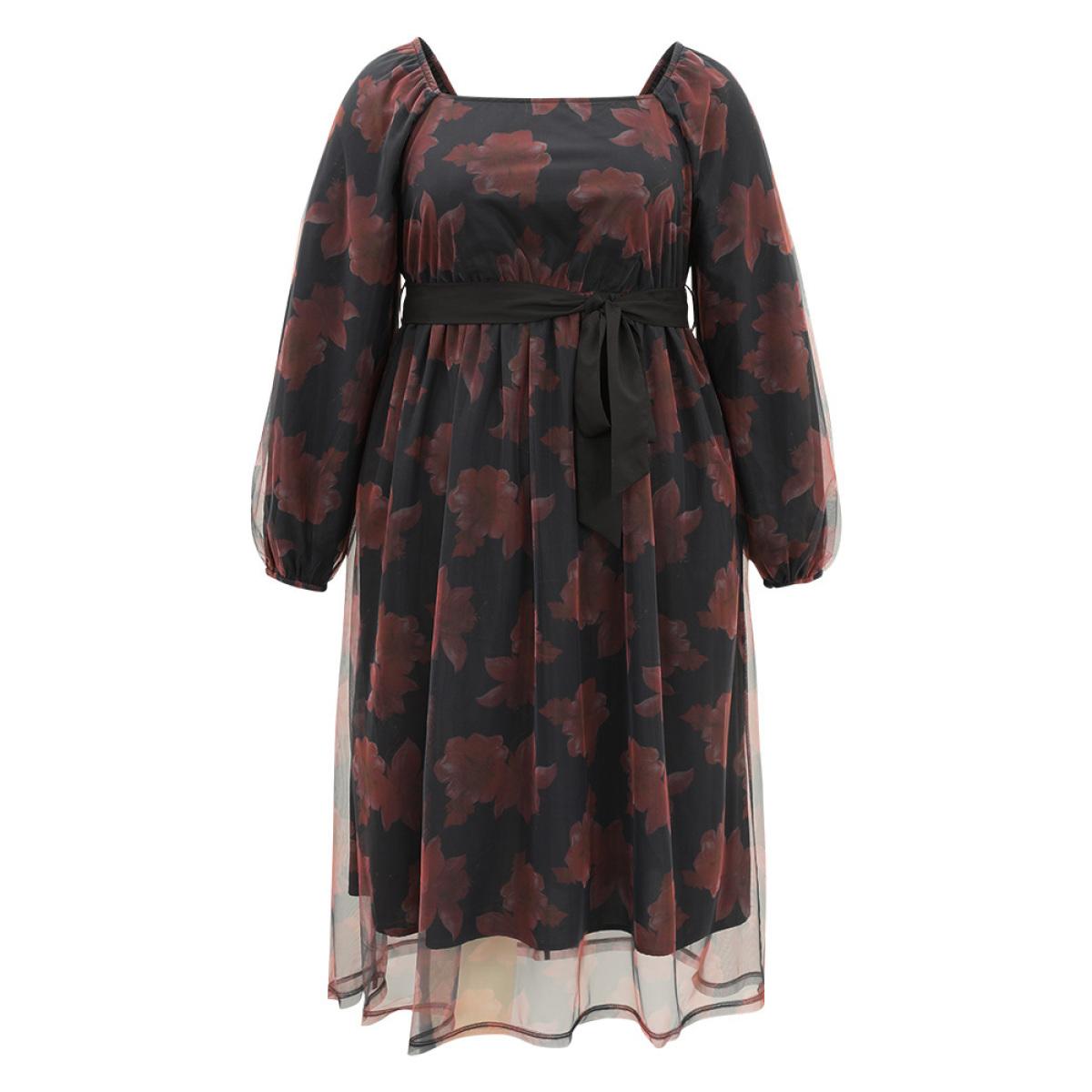 Plus Size Floral Mesh Belted Gathered Lantern Sleeve Dress BlackFlower Women Casual Elastic cuffs Square Neck Long Sleeve Curvy Midi Dress BloomChic 12/L Product Image