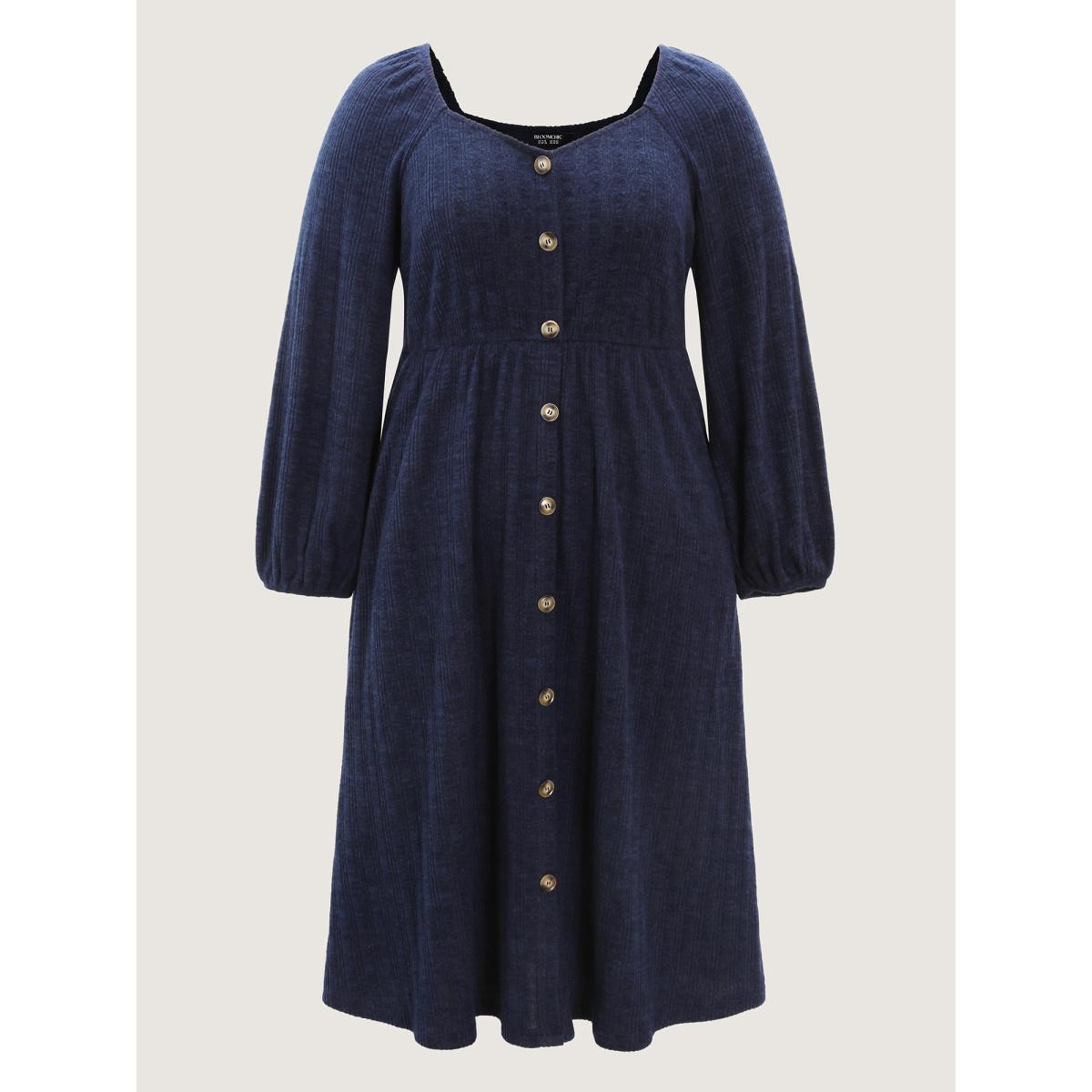 Plus Size Textured Stretchy Waist Button Detail Midi Dress DarkBlue Women Leisure Texture Heart neckline Extra Long Sleeve Curvy BloomChic 30/6X Product Image