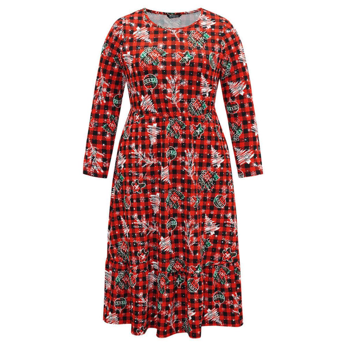 Plus Size Gingham Crew Neck Pocket Elastic Waist Dress Red Women Casual Printed Round Neck Long Sleeve Curvy Midi Dress BloomChic 10/M Product Image
