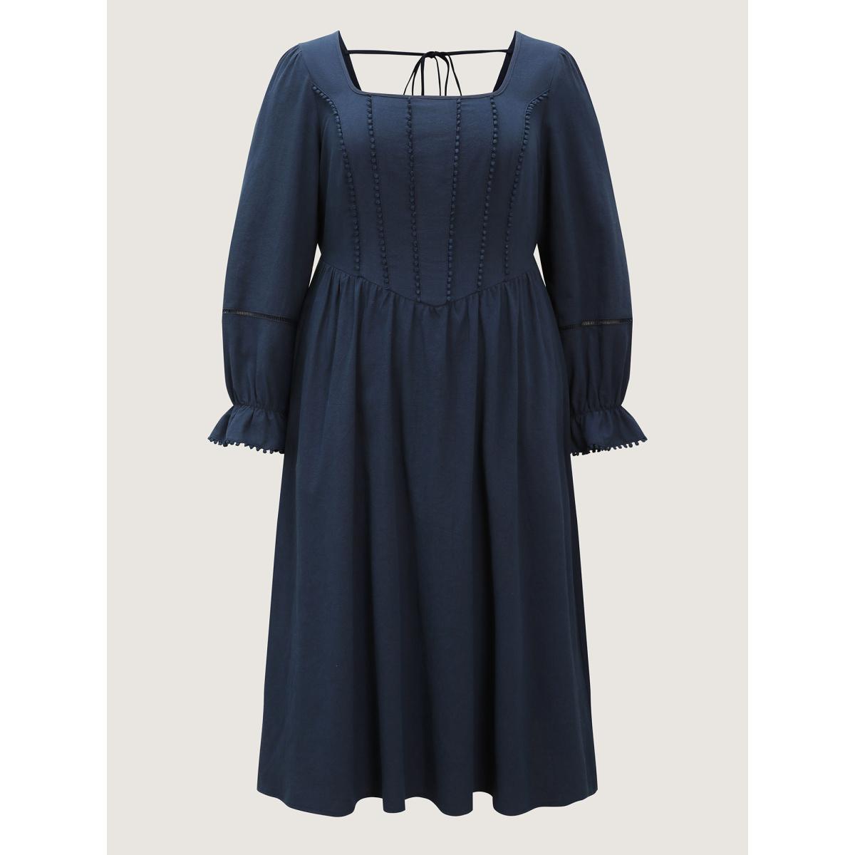Plus Size Pure Cotton Back-Tie Pockets Midi Dress Indigo Women Timeless Square Neck Long Sleeve Curvy BloomChic 26/4X Product Image