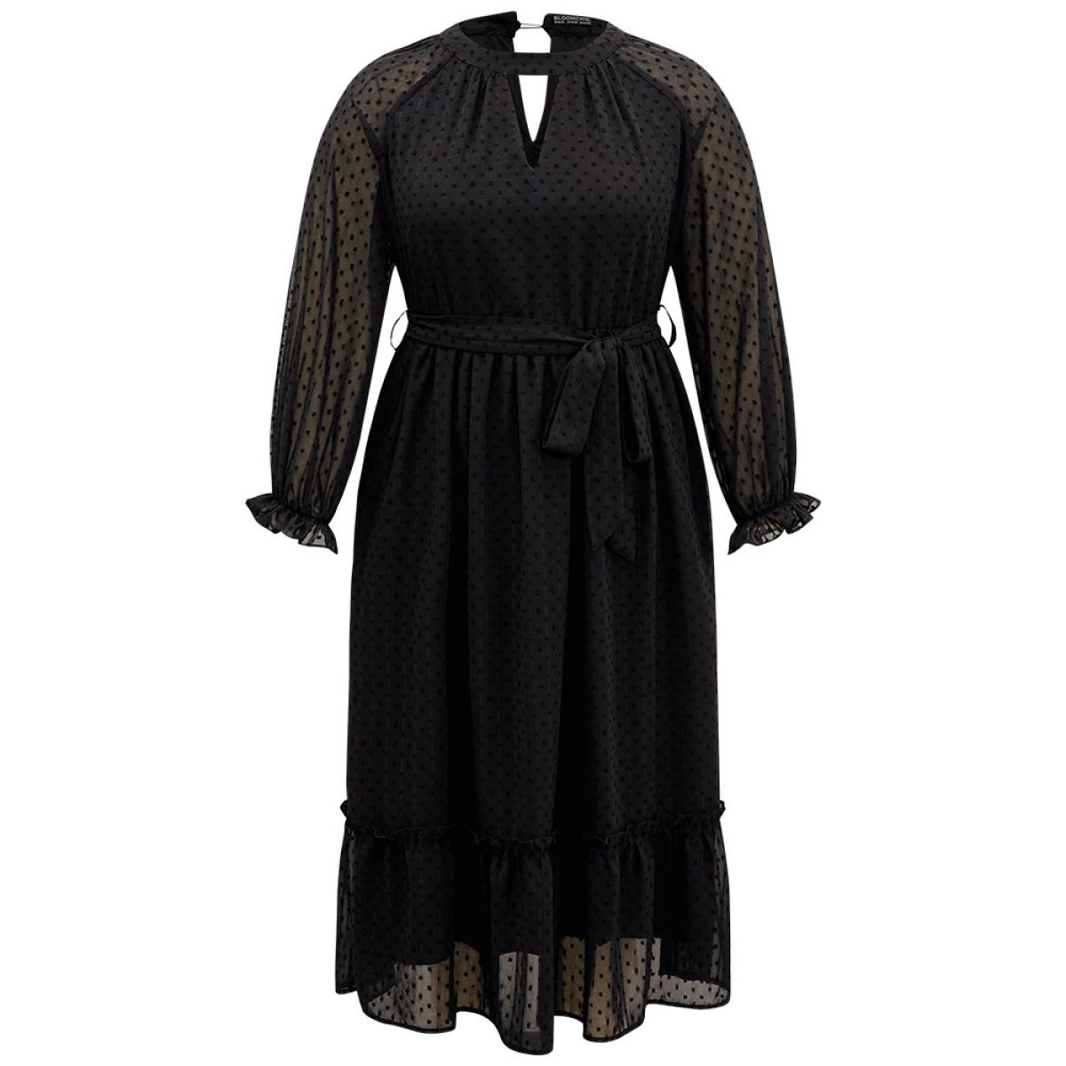 Plus Size Chiffon Texture Belted Mesh Keyhole Frill Trim Dress Black Women Office Texture Keyhole Cut-Out Long Sleeve Curvy Midi Dress BloomChic 18-20/2X Product Image