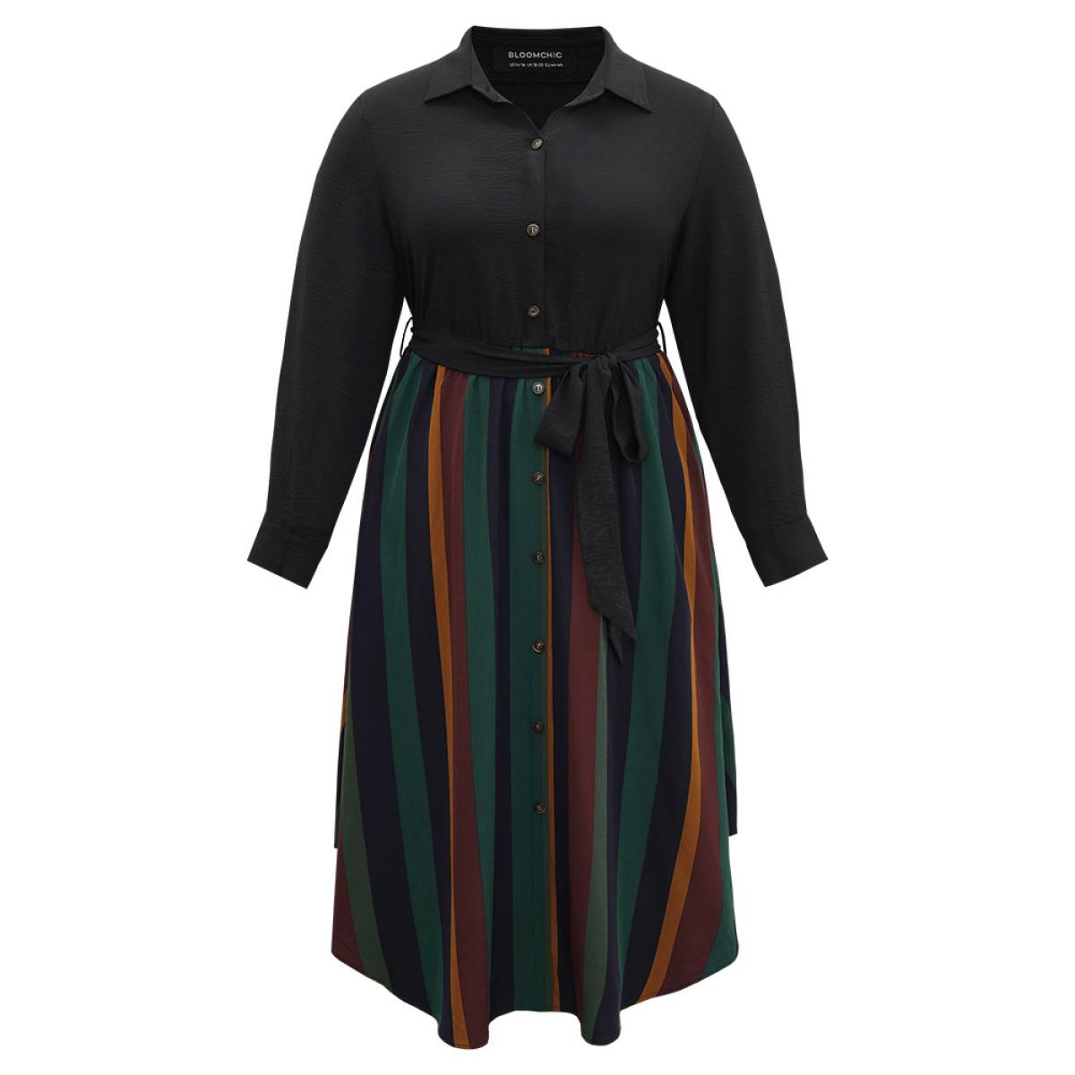 Plus Size Colour Striped Patchwork Belted Button Through Dress Indigo Women Office Belted Shirt collar Long Sleeve Curvy Midi Dress BloomChic 28/5X Product Image