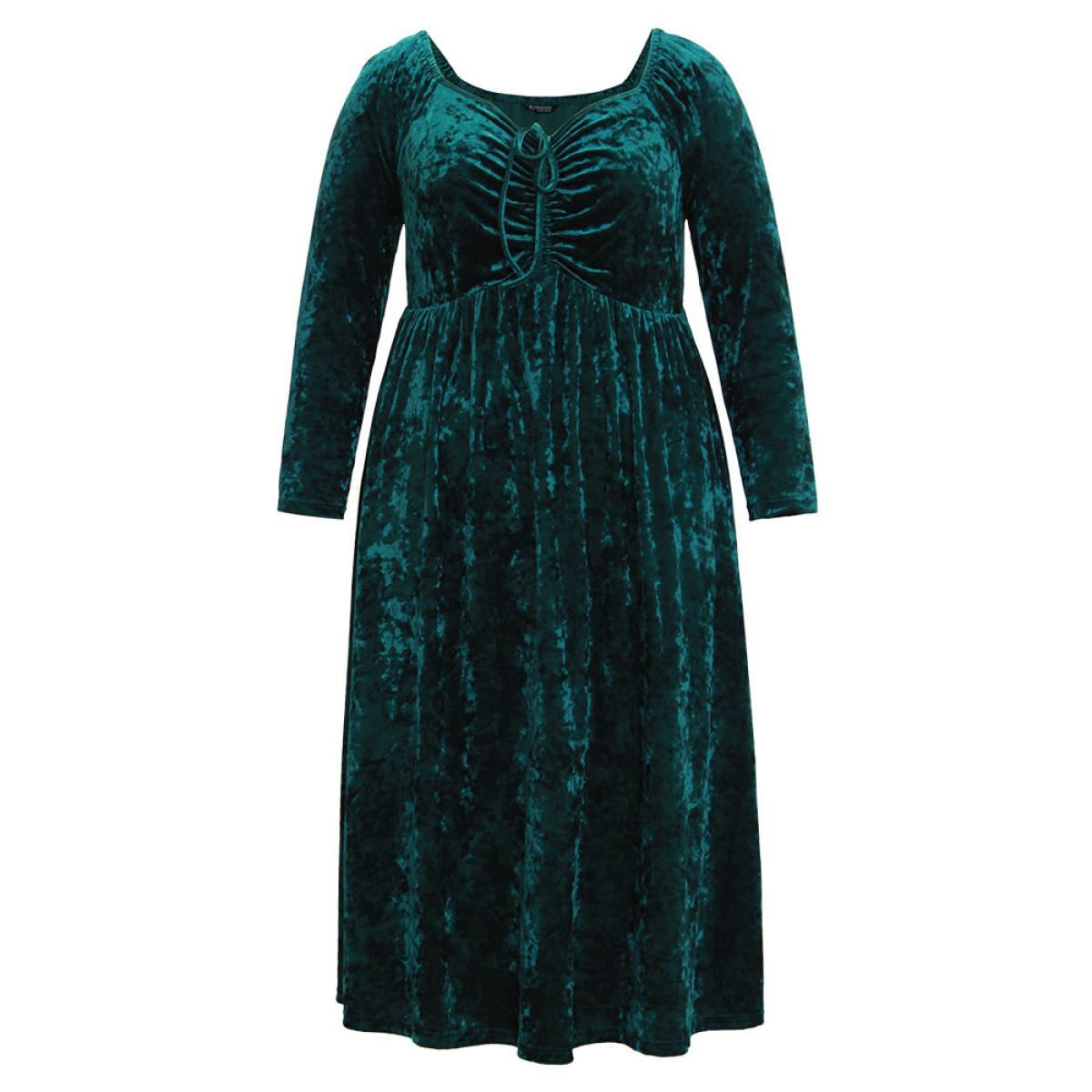 Plus Size Velvet Ruched Ties Pocket Square Neck Dress Teal Women Glamour Elastic cuffs Square Neck Long Sleeve Curvy Midi Dress BloomChic 18-20/2X Product Image