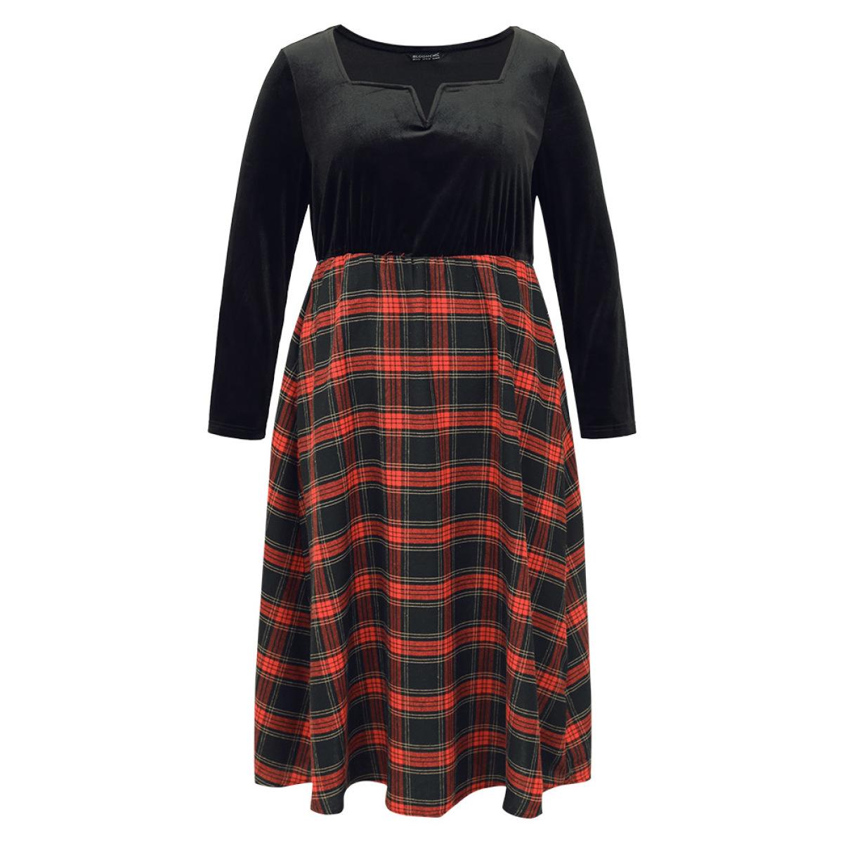 Plus Size Christmas Plaid Velvet Belted Contrast Notched Dress Black Women At the Office Velvet Notched collar Long Sleeve Curvy Midi Dress BloomChic 18-20/2X Product Image
