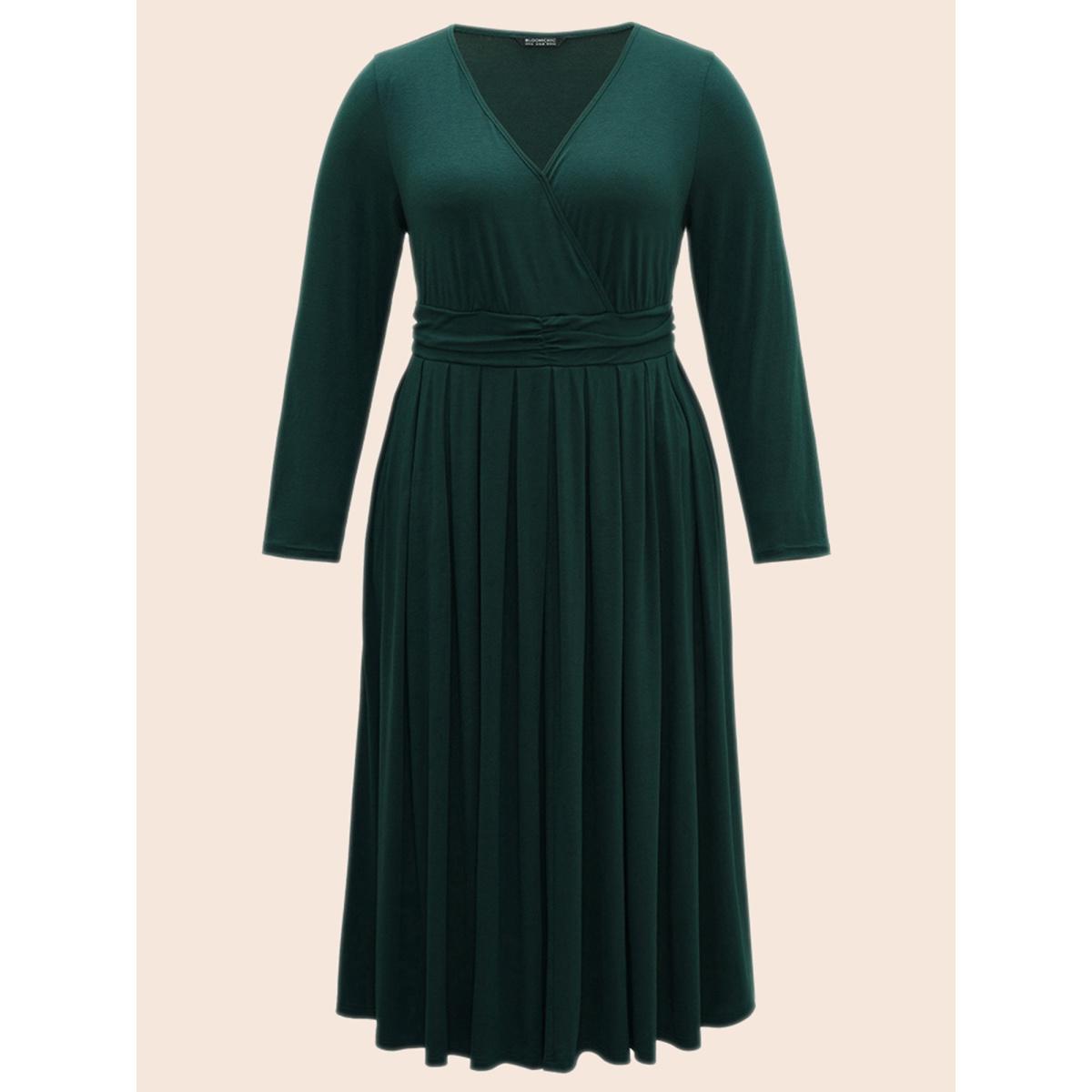 Plus Size Supersoft Essentials Ruched Wrap Pleated Hem Dress DarkGreen Women Casual Non Overlap Collar Long Sleeve Curvy Midi Dress BloomChic 14-16/1X Product Image