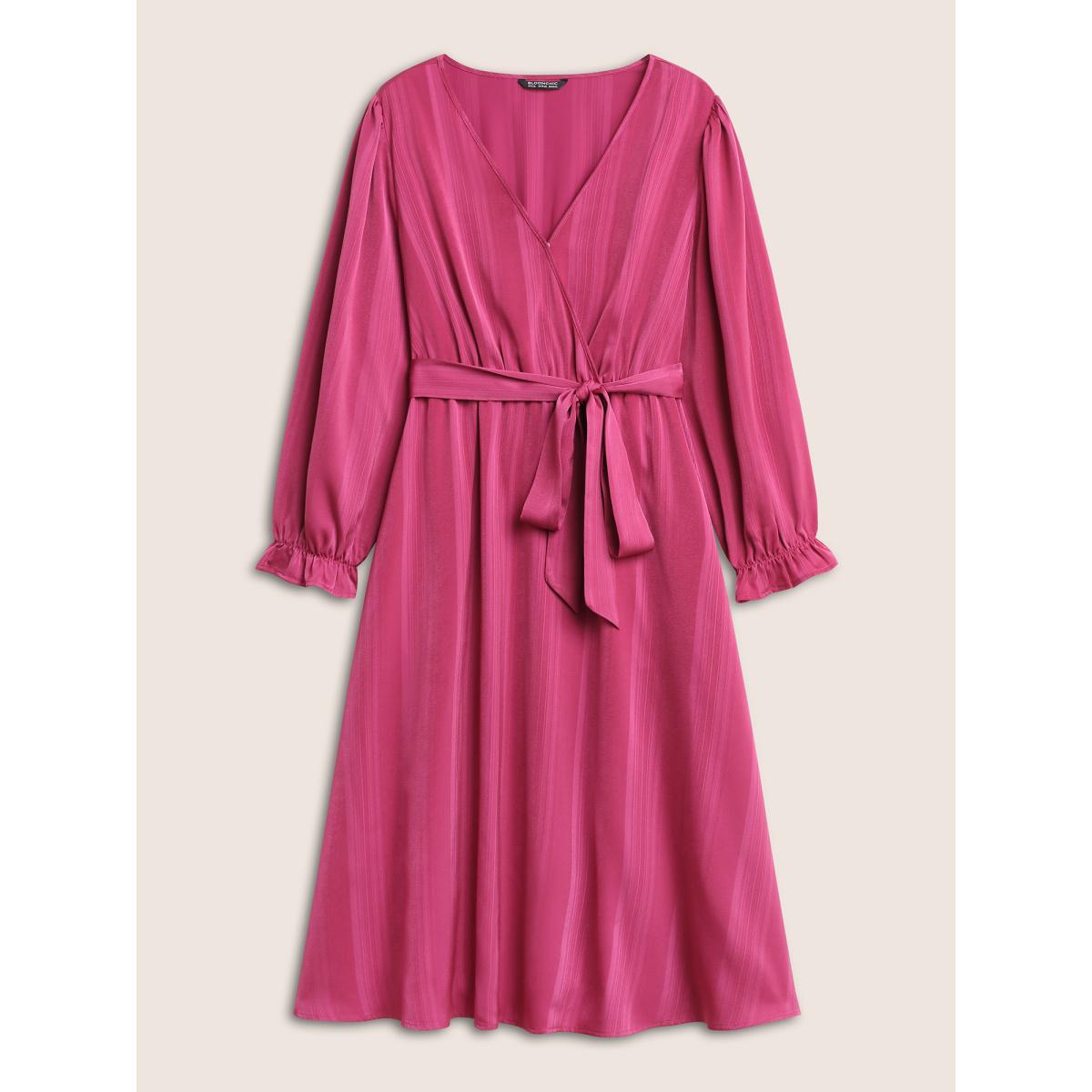 Plus Size Striped Elastic Waist Wrap Belted Gathered Dress RedViolet Women Elegant Non Overlap Collar Long Sleeve Curvy Midi Dress BloomChic 12/L Product Image