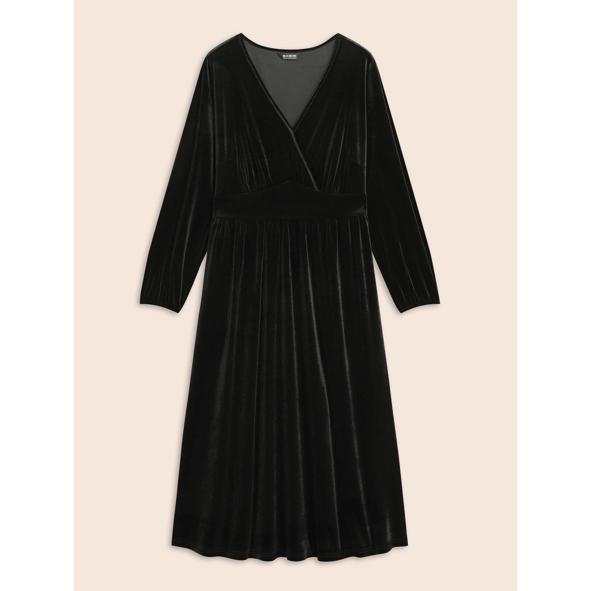 Plus Size Velvet Overlap Collar Shirred Gathered Dress Black Women Elegant Texture Overlap Collar Long Sleeve Curvy BloomChic 10/M Product Image