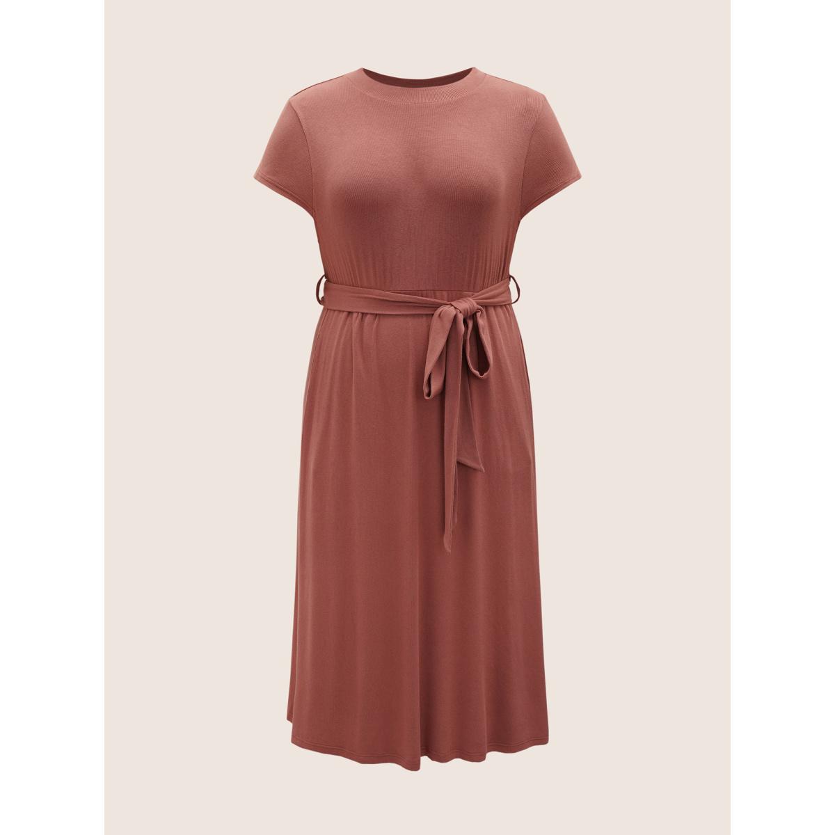 Plus Size Plain Belted Gathered Pit Strip Dress Coral Women Casual Gathered Round Neck Cap Sleeve Curvy BloomChic 28/5X Product Image