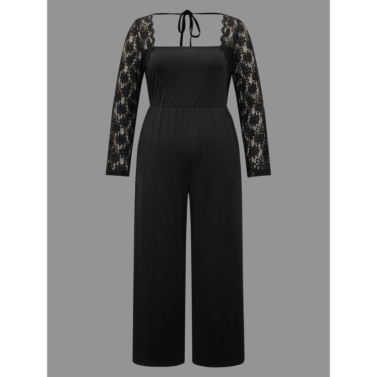 Plus Size Black Lace Mesh Sleeves Square Neck Jumpsuit Women Cocktail Long Sleeve Square Neck Party Loose Jumpsuits BloomChic 18-20/2X Product Image