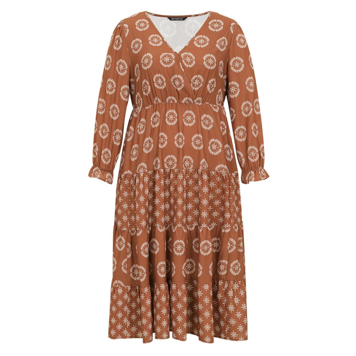 Plus Size Geometric Wrap Ruffle Layered Hem Dress Chocolate Women Vacation Wrap Overlap Collar Long Sleeve Curvy Midi Dress BloomChic 18-20/2X Product Image