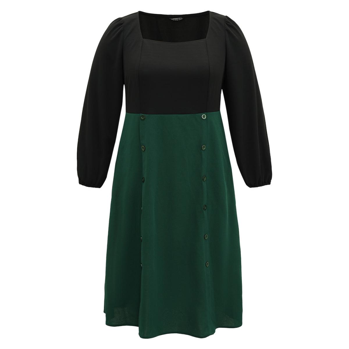 Plus Size Colorblock Patchwork Button Detail Dress DarkGreen Women Elegant Elastic cuffs Square Neck Long Sleeve Curvy Midi Dress BloomChic 22-24/3X Product Image